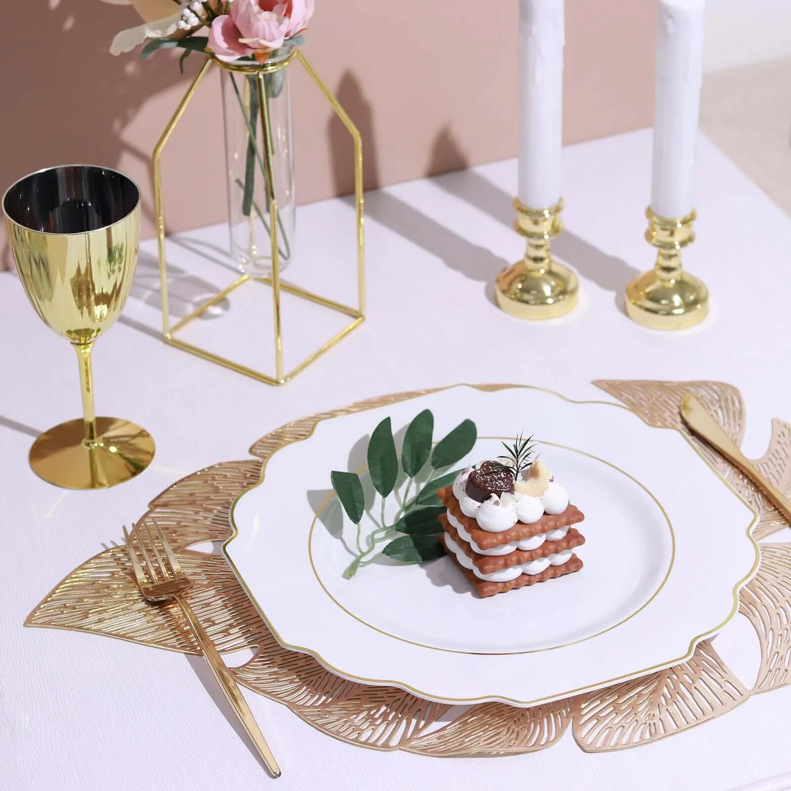 10 Pack 11" White Hard Plastic Dinner Plates, Disposable Tableware, Baroque Heavy Duty Plates with Gold Rim