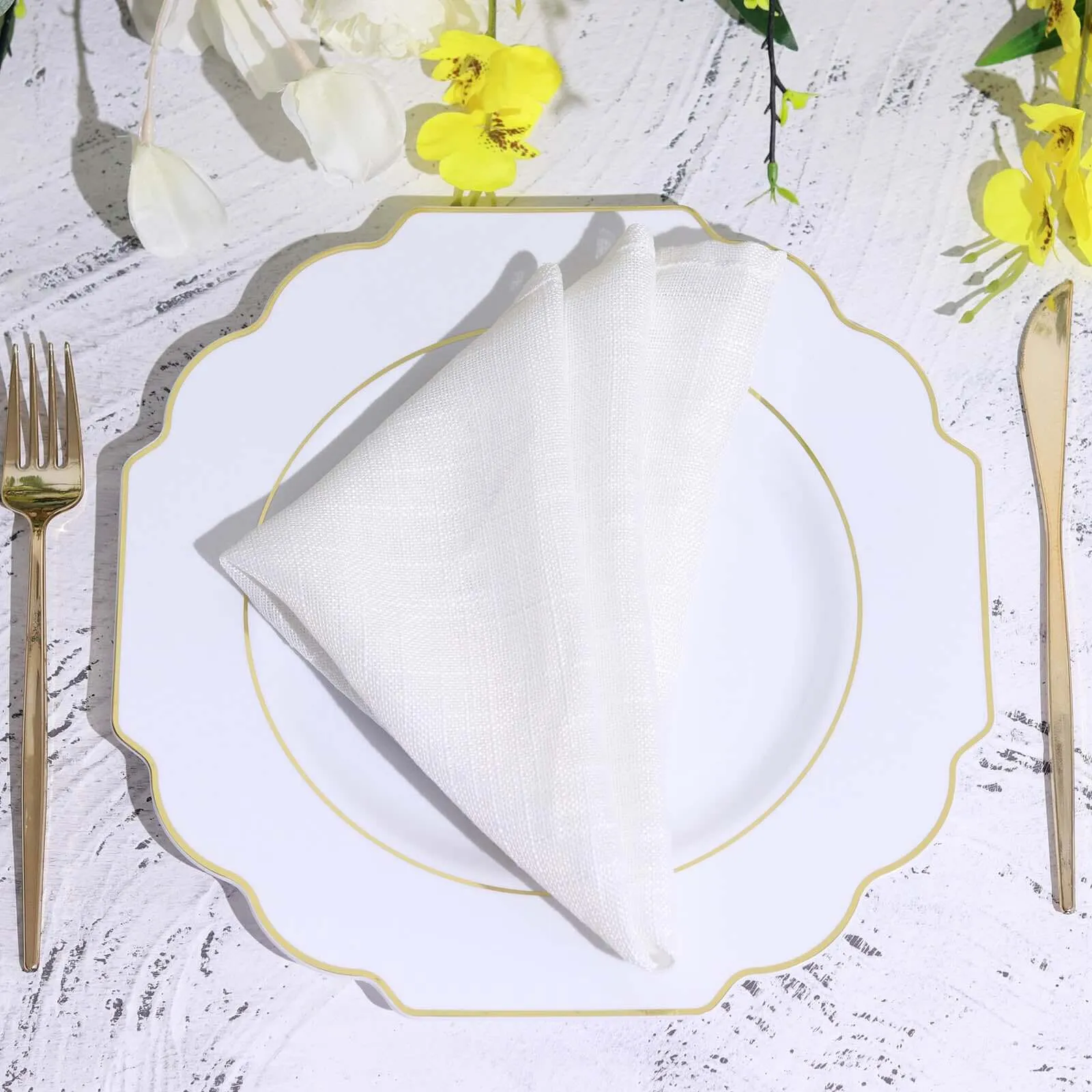 10 Pack 11" White Hard Plastic Dinner Plates, Disposable Tableware, Baroque Heavy Duty Plates with Gold Rim