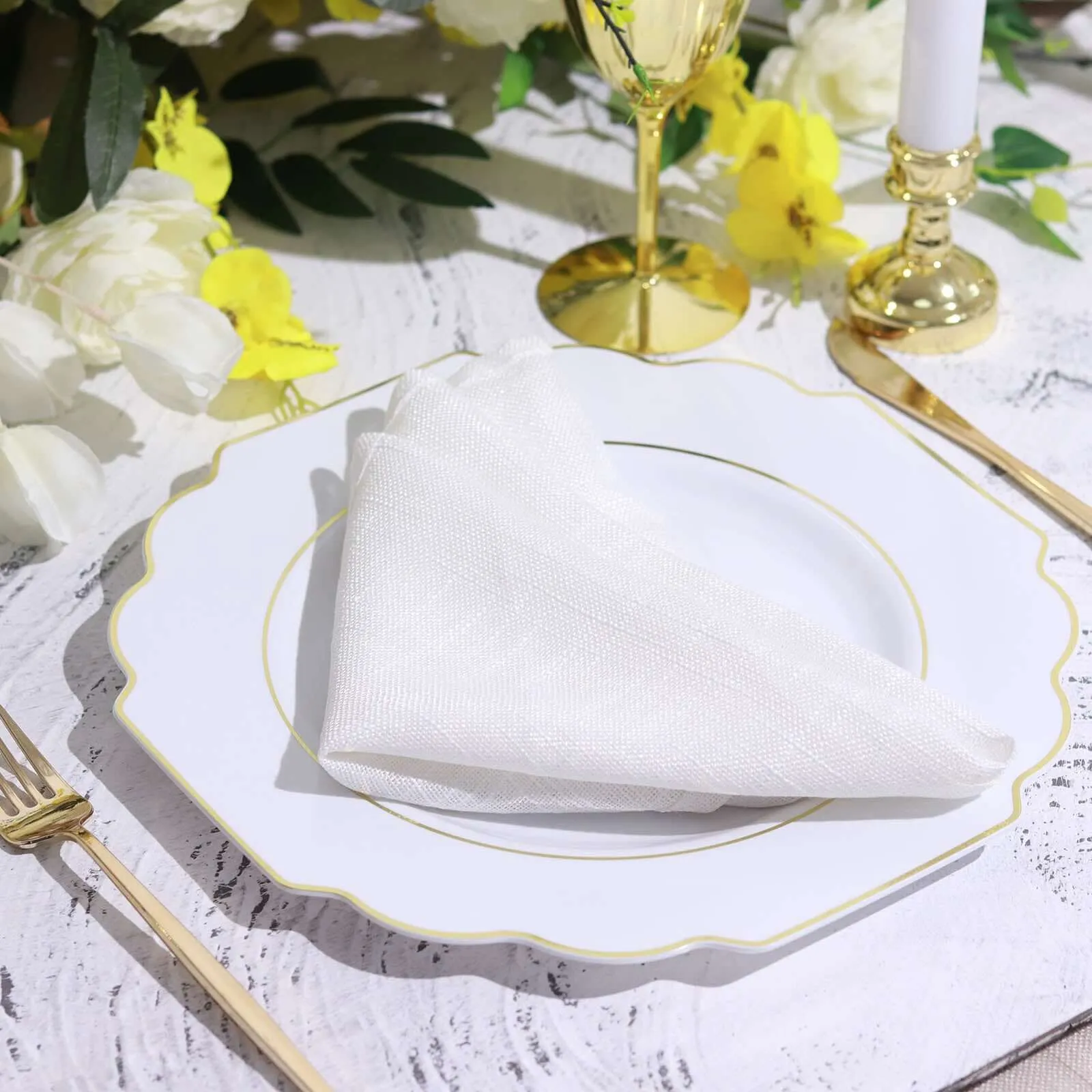 10 Pack 11" White Hard Plastic Dinner Plates, Disposable Tableware, Baroque Heavy Duty Plates with Gold Rim