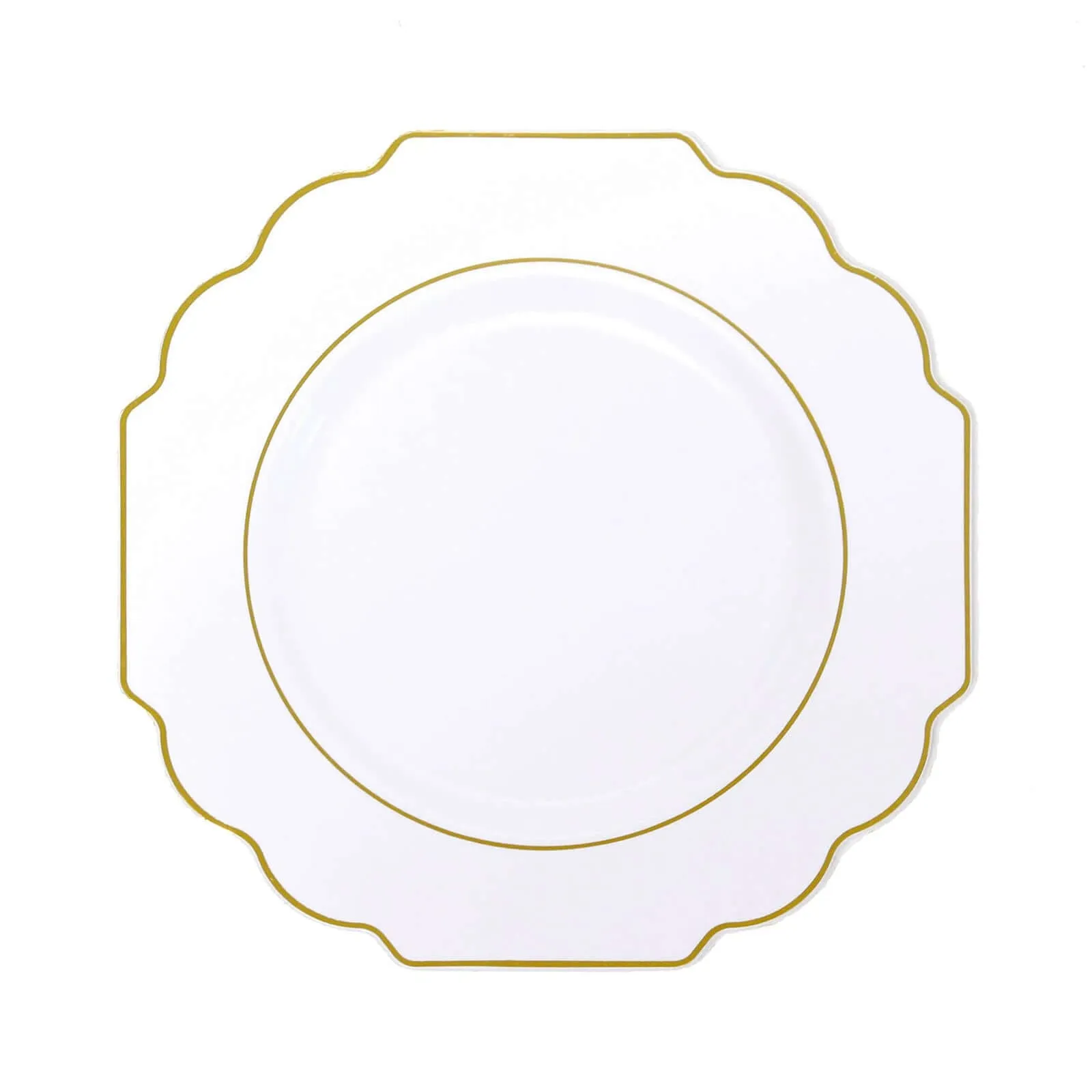 10 Pack 11" White Hard Plastic Dinner Plates, Disposable Tableware, Baroque Heavy Duty Plates with Gold Rim