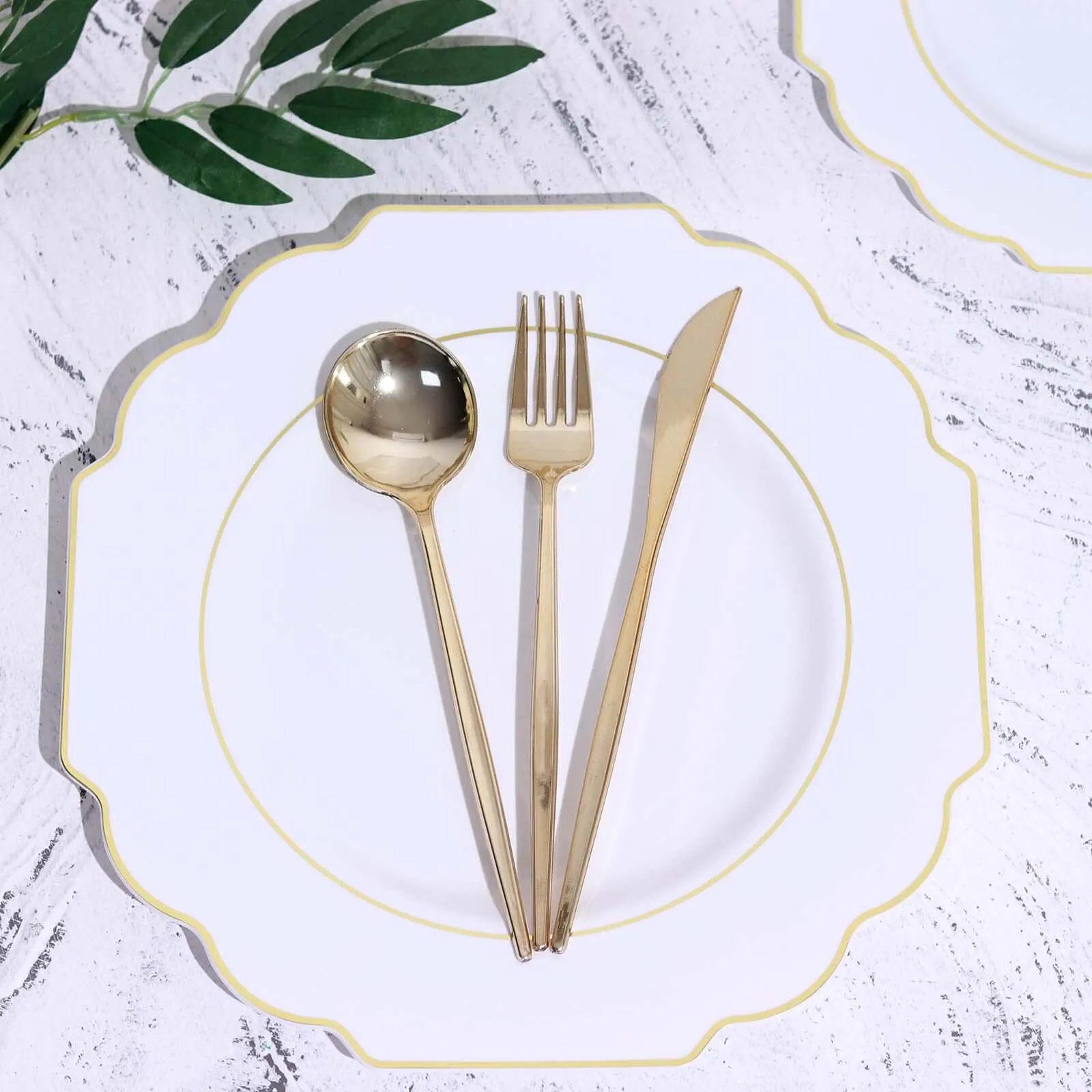 10 Pack 11" White Hard Plastic Dinner Plates, Disposable Tableware, Baroque Heavy Duty Plates with Gold Rim