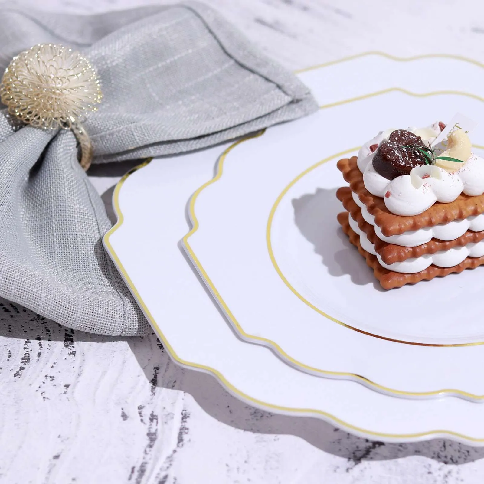10 Pack 11" White Hard Plastic Dinner Plates, Disposable Tableware, Baroque Heavy Duty Plates with Gold Rim