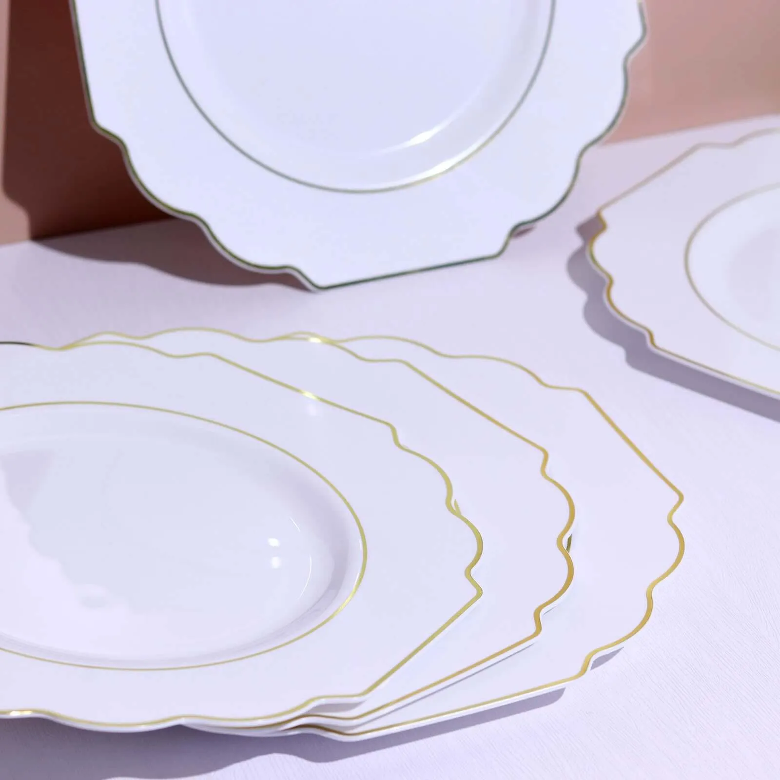 10 Pack 11" White Hard Plastic Dinner Plates, Disposable Tableware, Baroque Heavy Duty Plates with Gold Rim