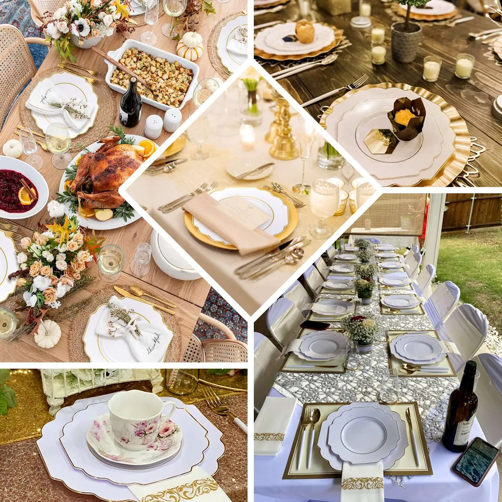 10 Pack 11" White Hard Plastic Dinner Plates, Disposable Tableware, Baroque Heavy Duty Plates with Gold Rim