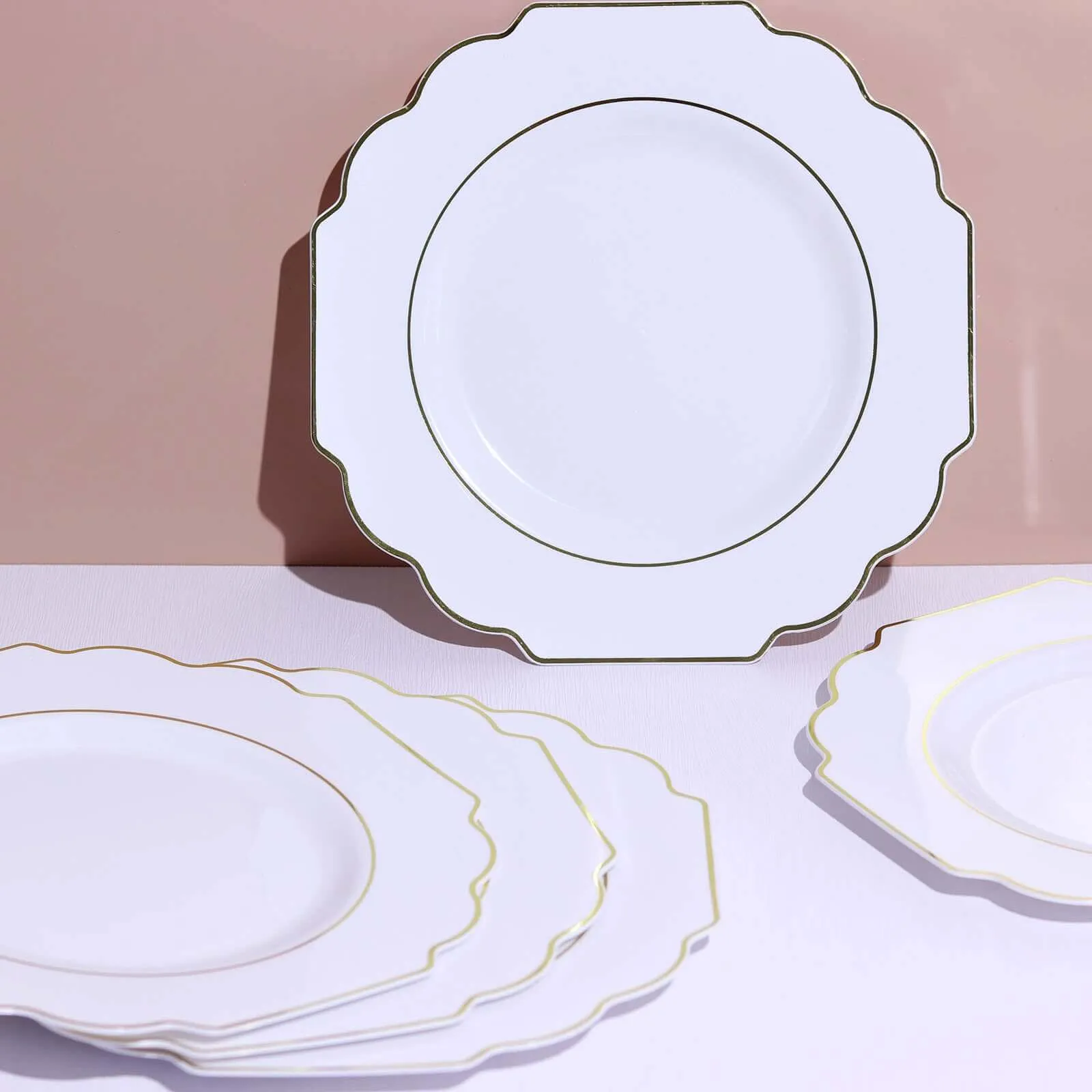 10 Pack 11" White Hard Plastic Dinner Plates, Disposable Tableware, Baroque Heavy Duty Plates with Gold Rim
