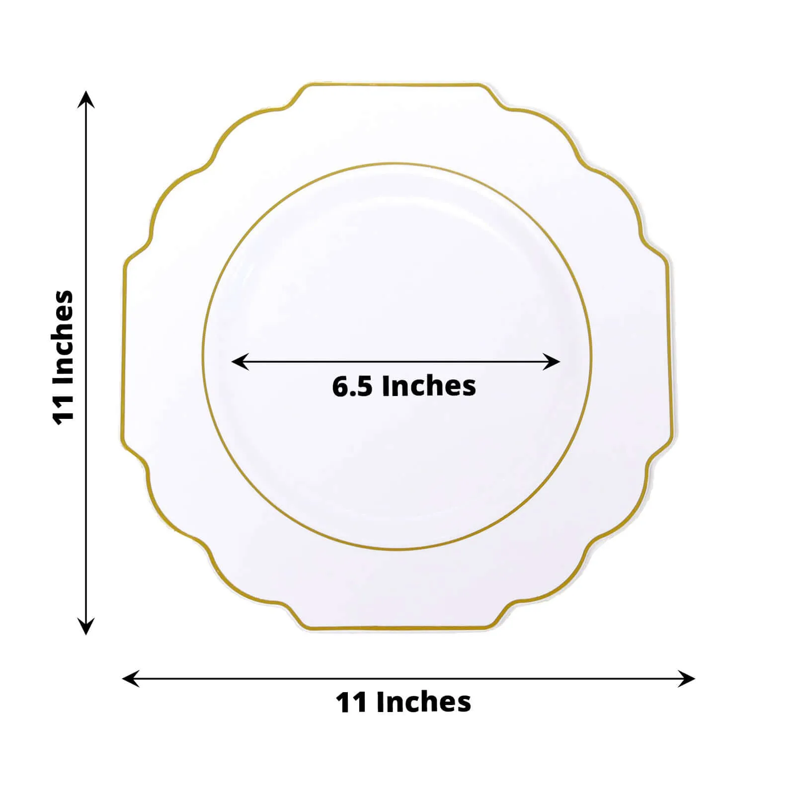 10 Pack 11" White Hard Plastic Dinner Plates, Disposable Tableware, Baroque Heavy Duty Plates with Gold Rim