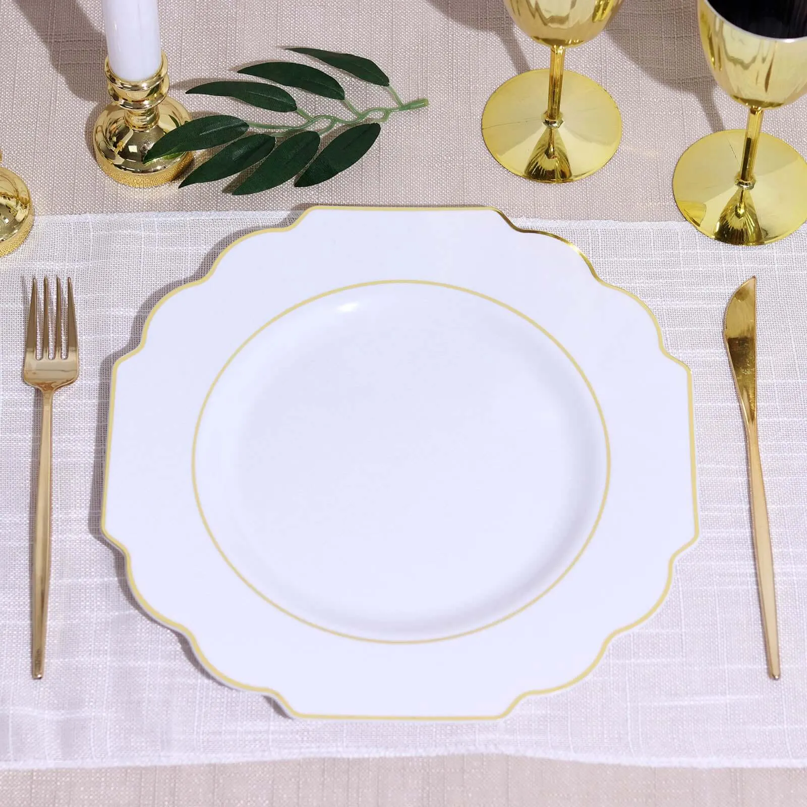 10 Pack 11" White Hard Plastic Dinner Plates, Disposable Tableware, Baroque Heavy Duty Plates with Gold Rim