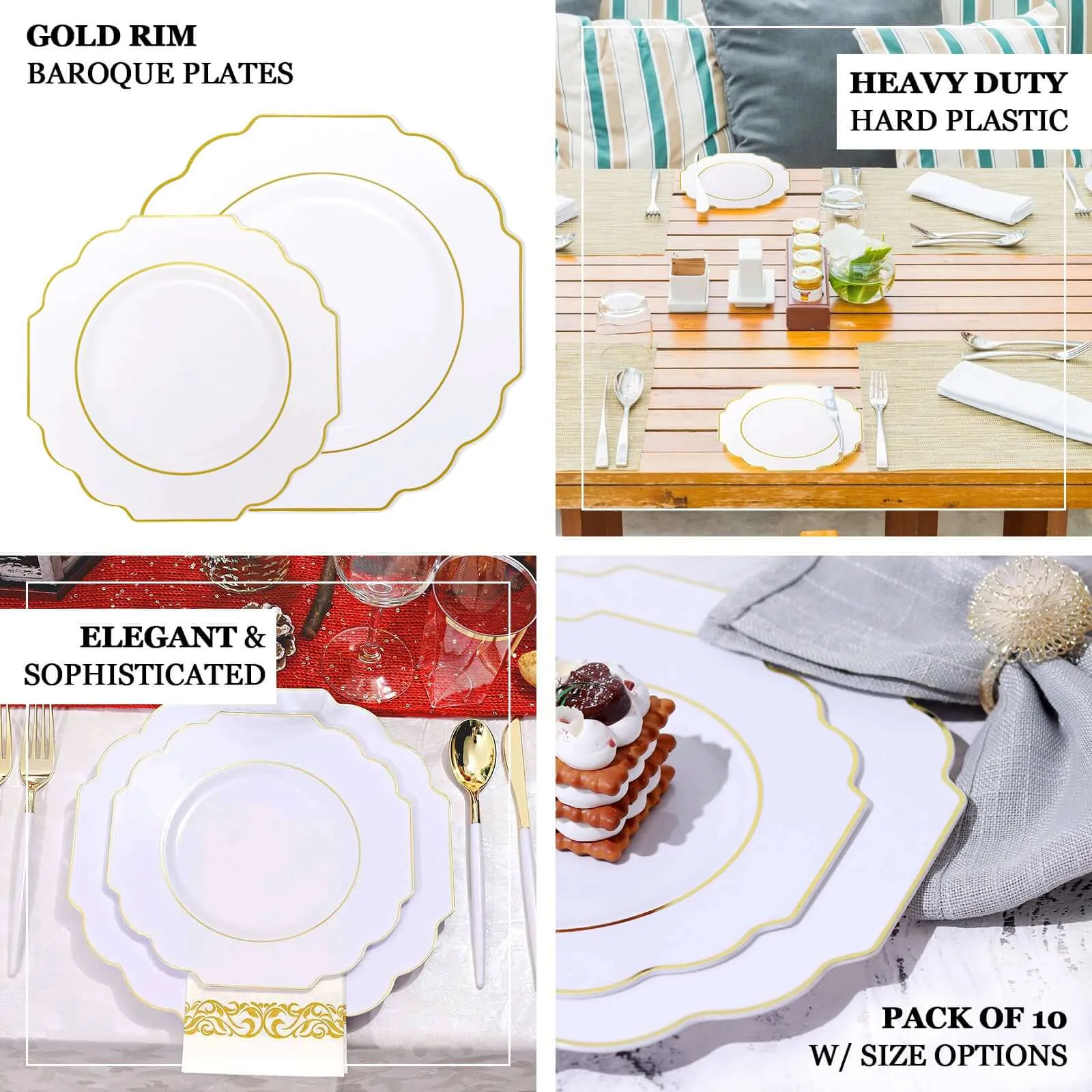 10 Pack 11" White Hard Plastic Dinner Plates, Disposable Tableware, Baroque Heavy Duty Plates with Gold Rim