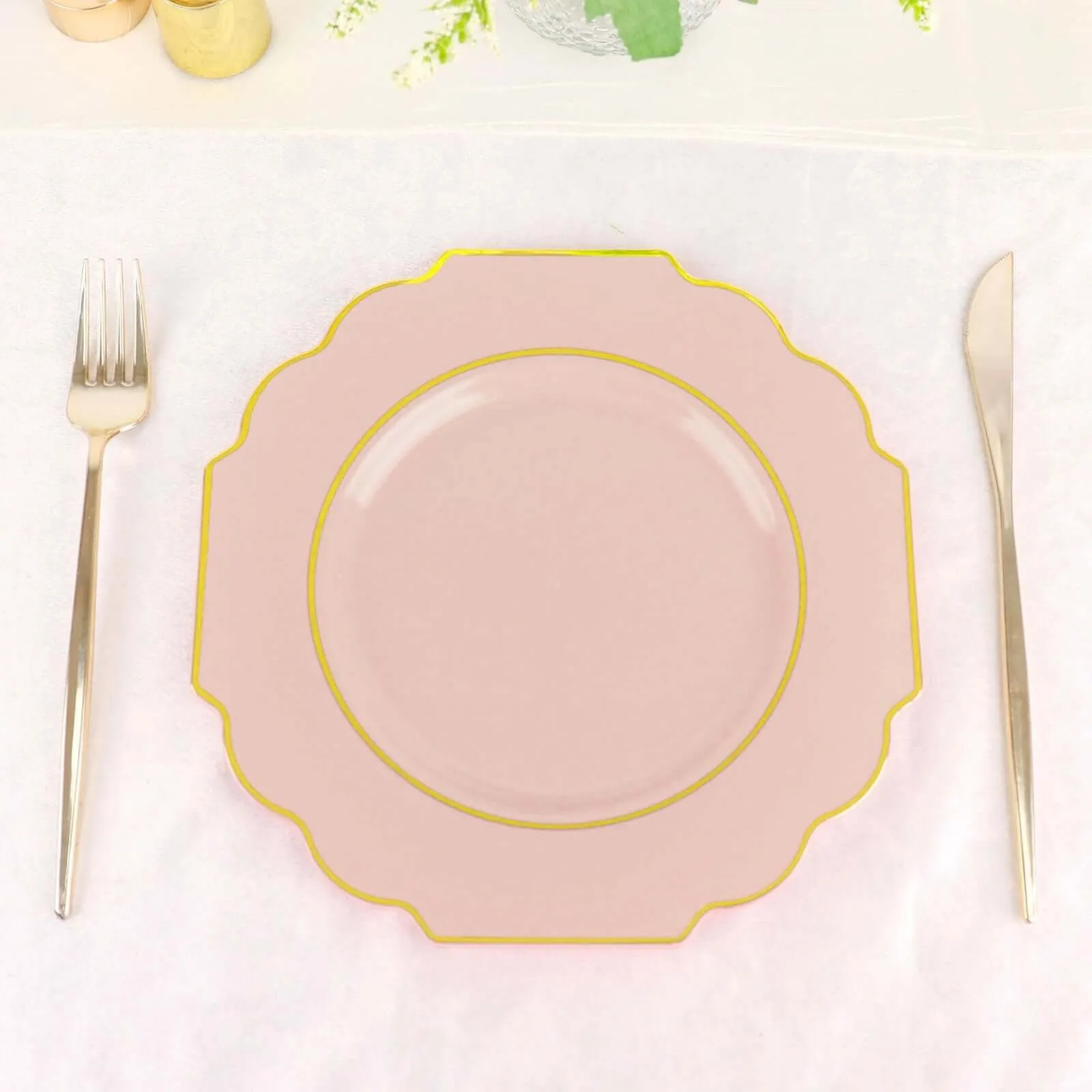 10 Pack 8" Blush Hard Plastic Dessert Appetizer Plates, Disposable Tableware, Baroque Heavy Duty Salad Plates with Gold Rim