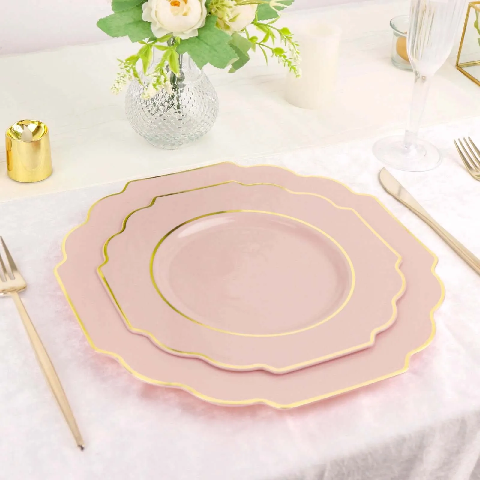 10 Pack 8" Blush Hard Plastic Dessert Appetizer Plates, Disposable Tableware, Baroque Heavy Duty Salad Plates with Gold Rim