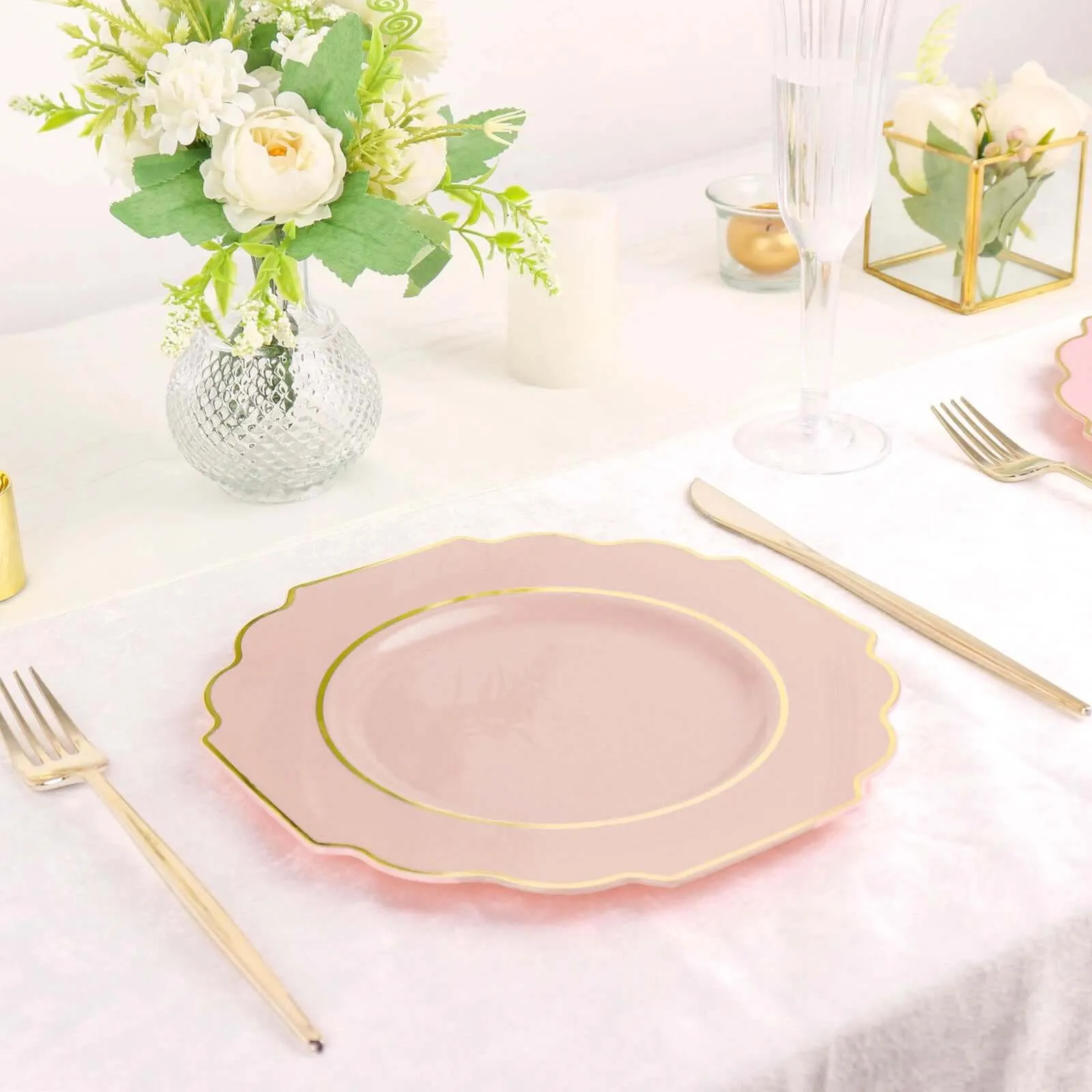 10 Pack 8" Blush Hard Plastic Dessert Appetizer Plates, Disposable Tableware, Baroque Heavy Duty Salad Plates with Gold Rim