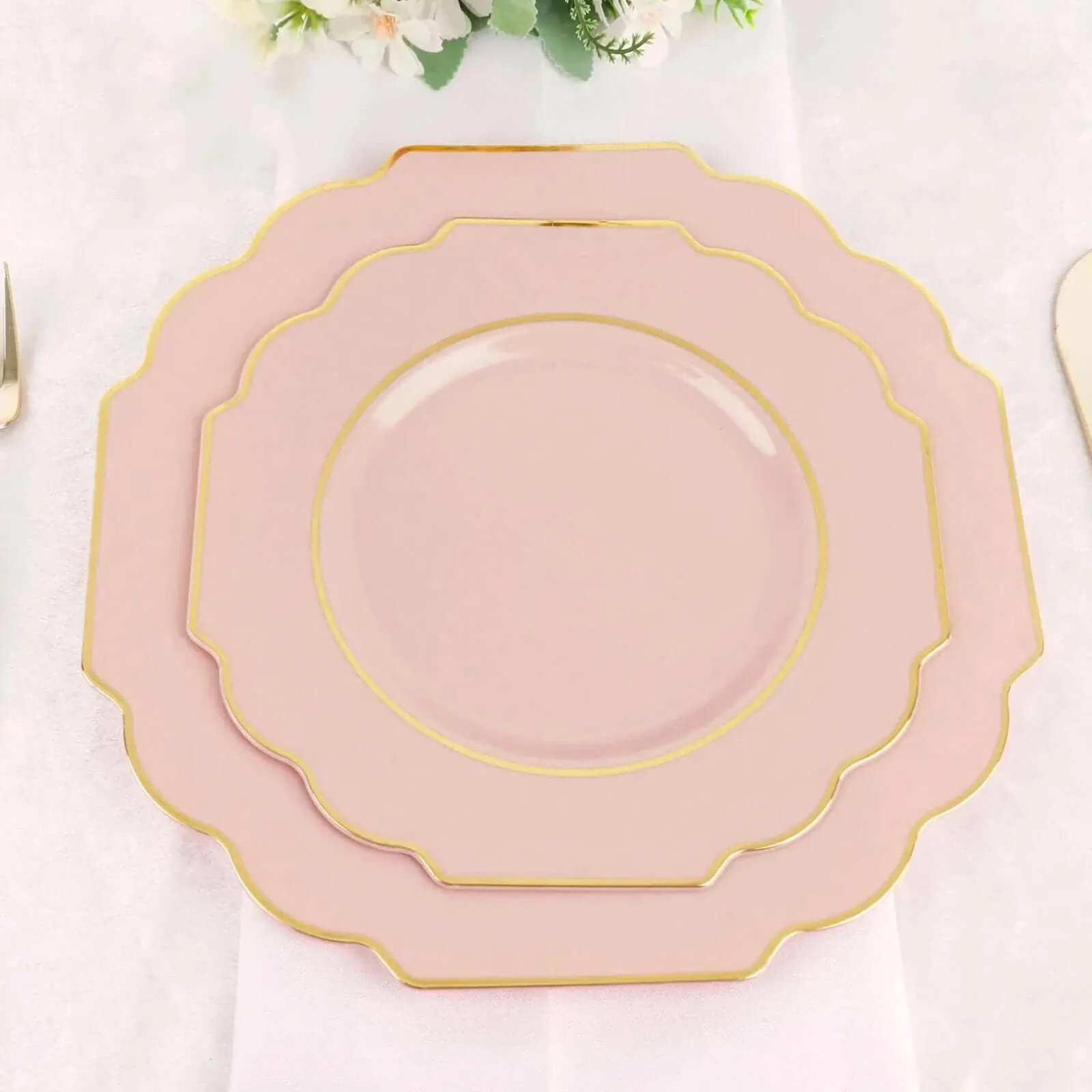 10 Pack 8" Blush Hard Plastic Dessert Appetizer Plates, Disposable Tableware, Baroque Heavy Duty Salad Plates with Gold Rim