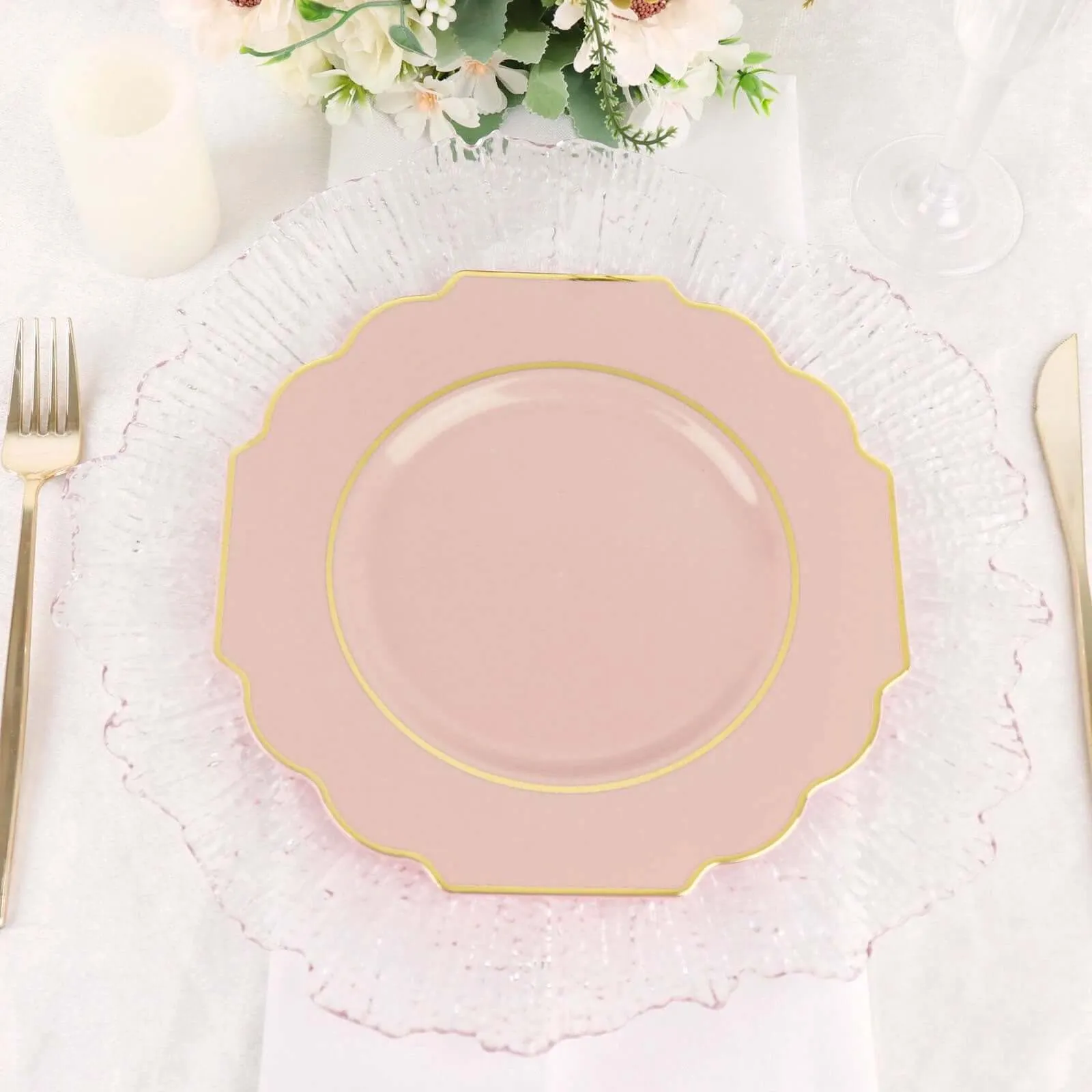 10 Pack 8" Blush Hard Plastic Dessert Appetizer Plates, Disposable Tableware, Baroque Heavy Duty Salad Plates with Gold Rim