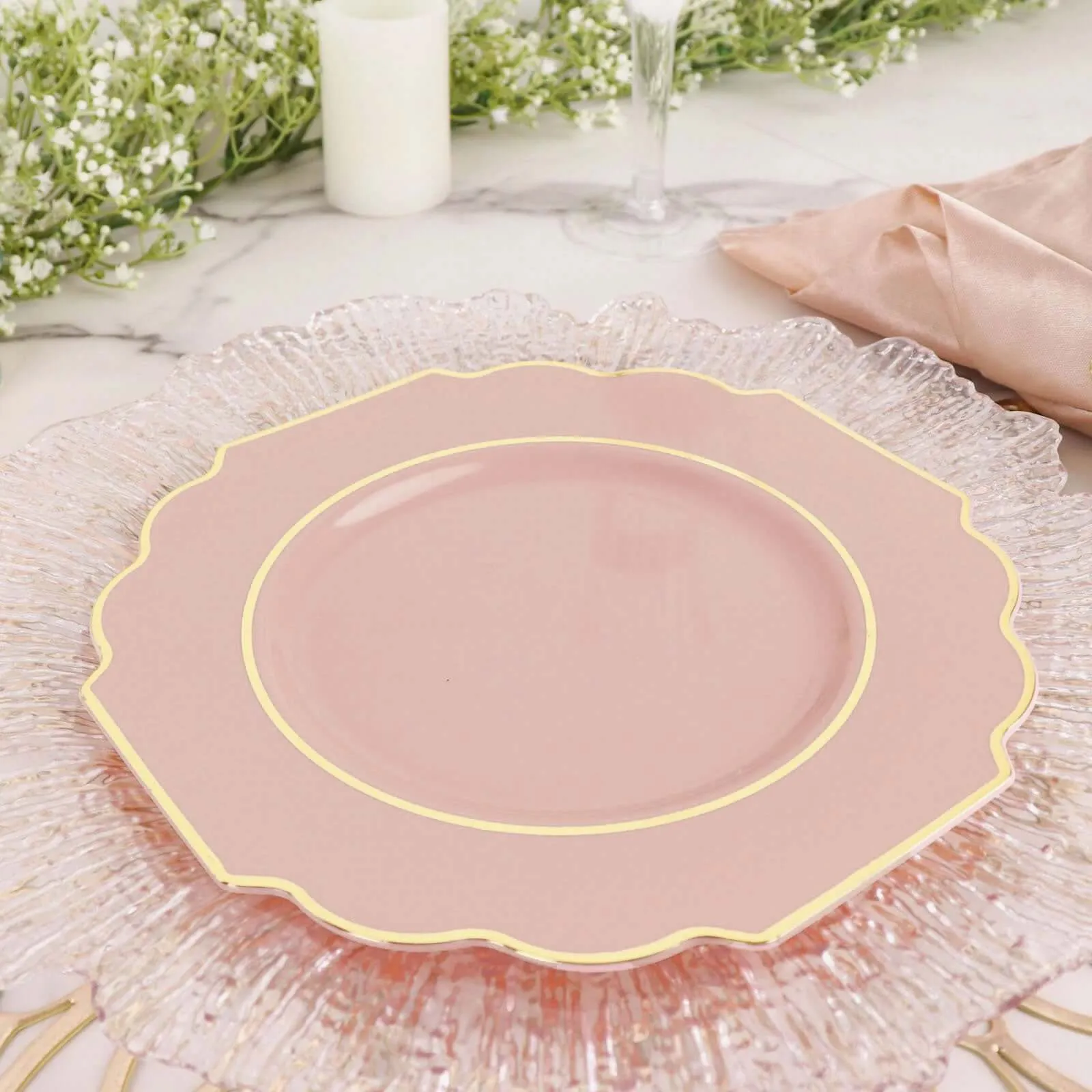 10 Pack 8" Blush Hard Plastic Dessert Appetizer Plates, Disposable Tableware, Baroque Heavy Duty Salad Plates with Gold Rim