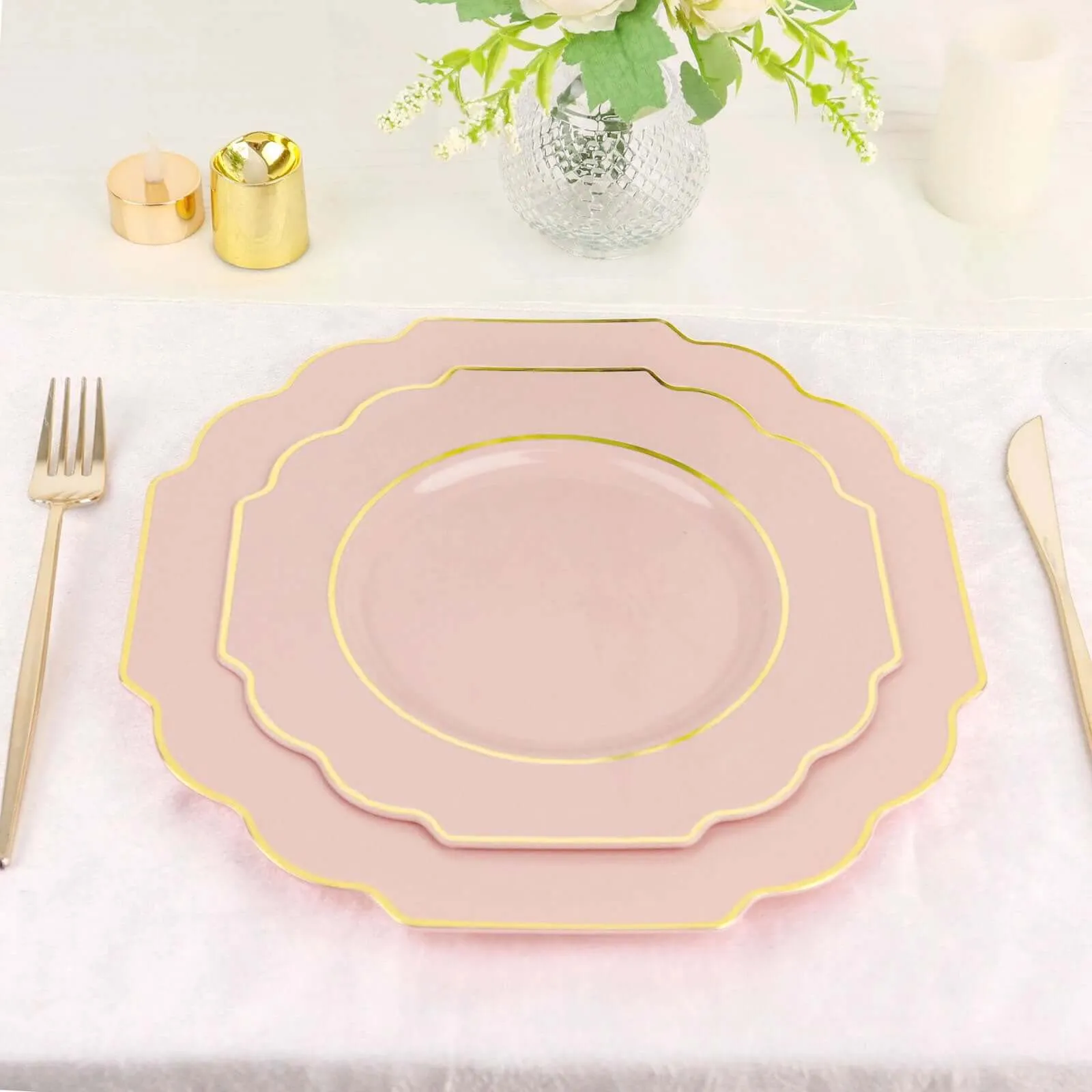 10 Pack 8" Blush Hard Plastic Dessert Appetizer Plates, Disposable Tableware, Baroque Heavy Duty Salad Plates with Gold Rim