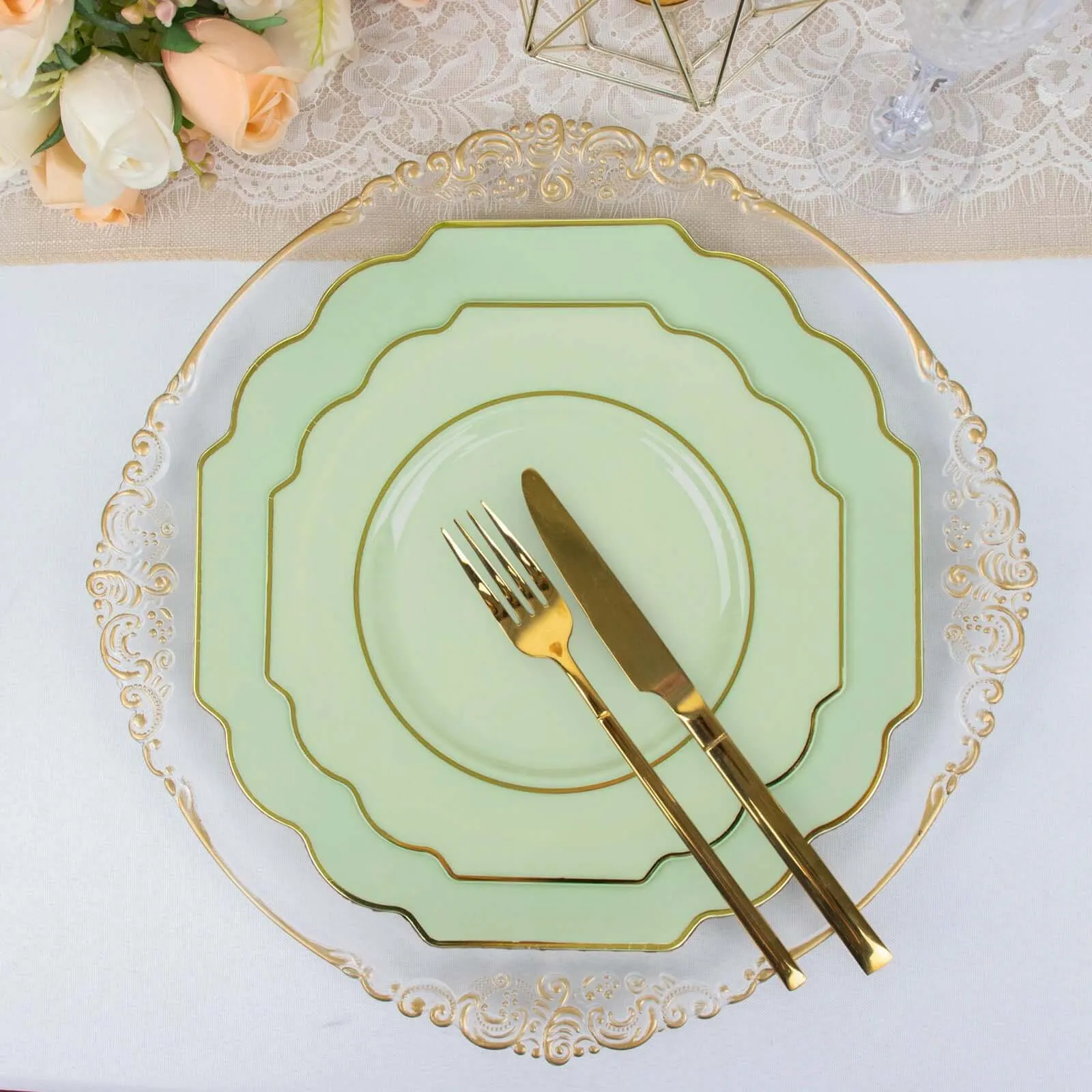 10 Pack 8" Sage Green Hard Plastic Dessert Appetizer Plates, Disposable Tableware, Baroque Heavy Duty Salad Plates with Gold Rim