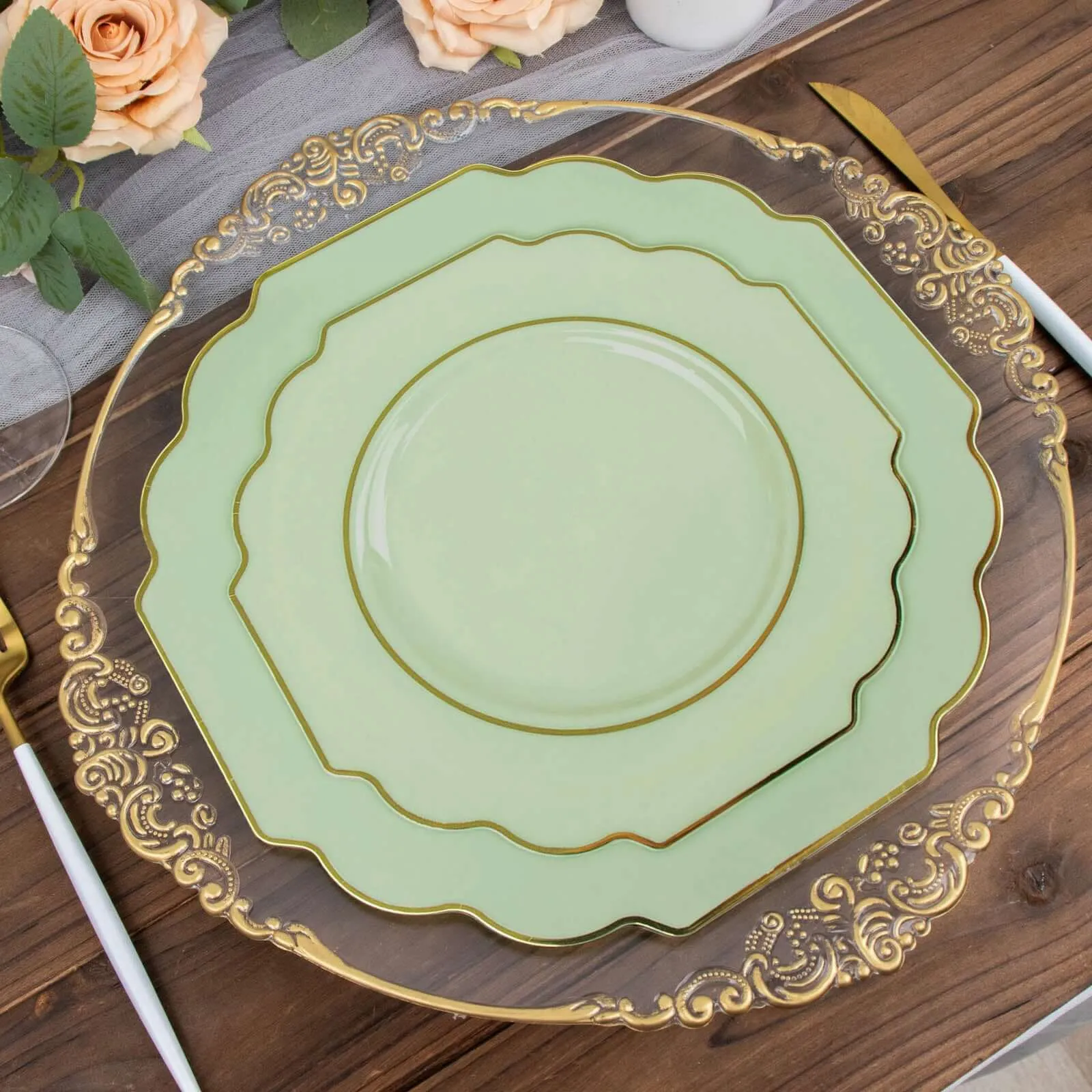 10 Pack 8" Sage Green Hard Plastic Dessert Appetizer Plates, Disposable Tableware, Baroque Heavy Duty Salad Plates with Gold Rim