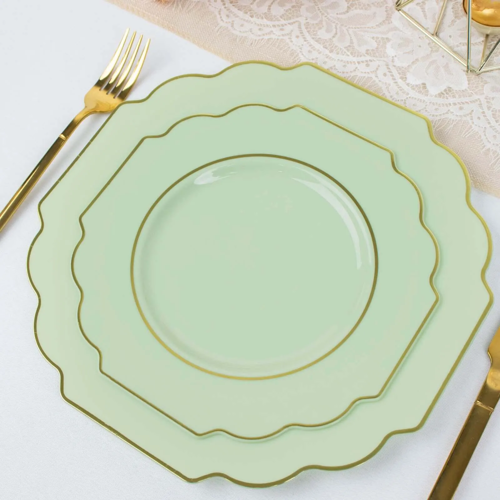 10 Pack 8" Sage Green Hard Plastic Dessert Appetizer Plates, Disposable Tableware, Baroque Heavy Duty Salad Plates with Gold Rim