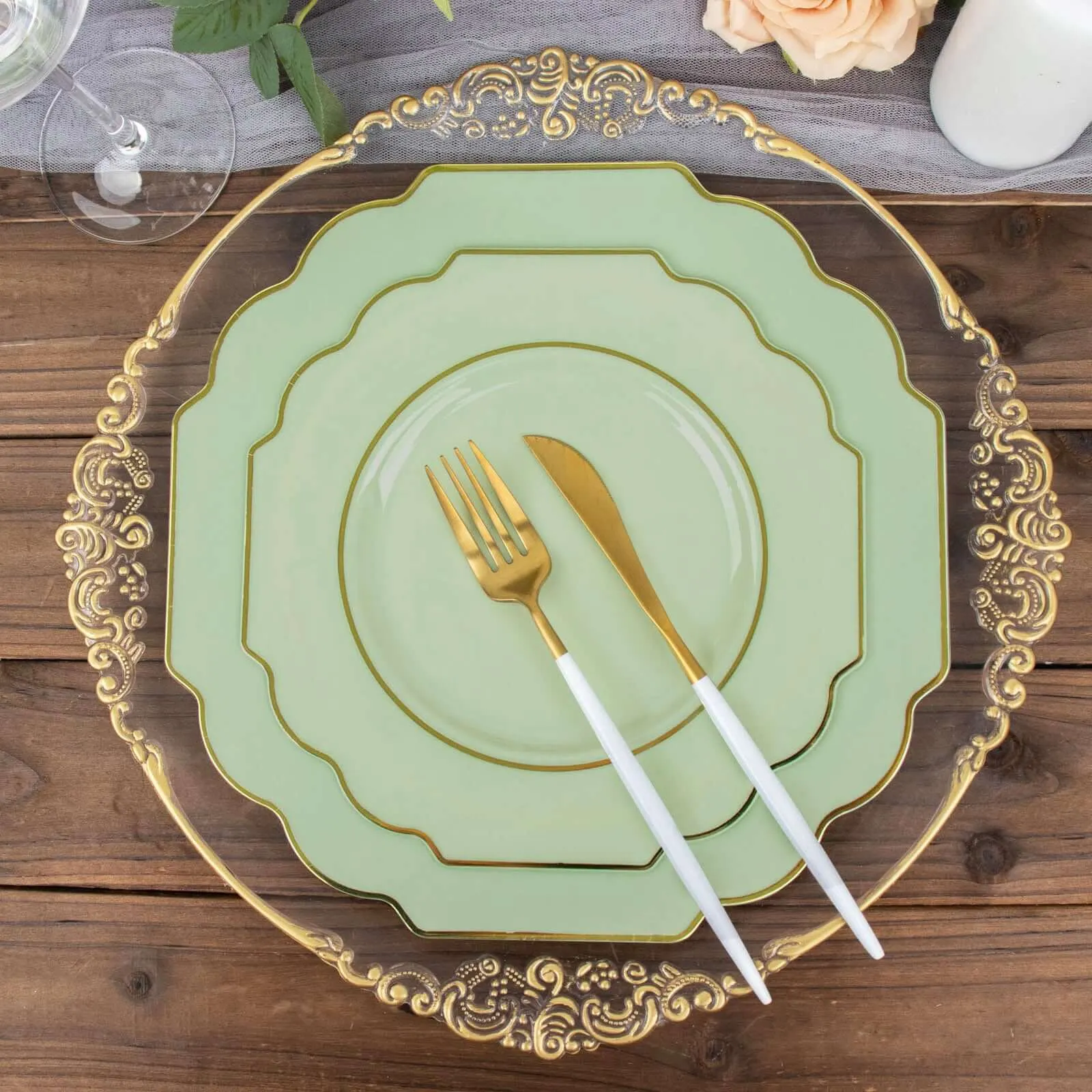 10 Pack 8" Sage Green Hard Plastic Dessert Appetizer Plates, Disposable Tableware, Baroque Heavy Duty Salad Plates with Gold Rim