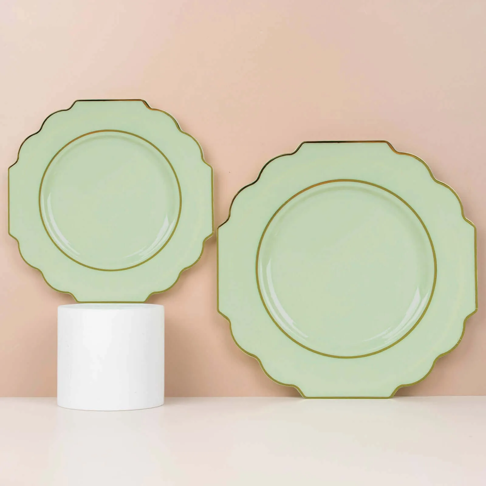 10 Pack 8" Sage Green Hard Plastic Dessert Appetizer Plates, Disposable Tableware, Baroque Heavy Duty Salad Plates with Gold Rim