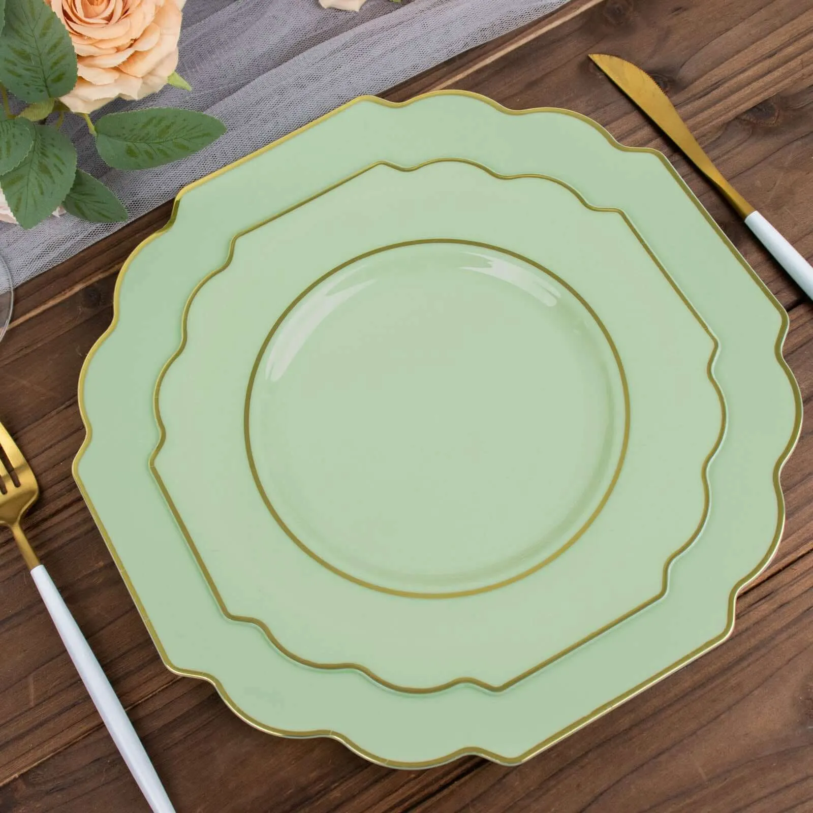 10 Pack 8" Sage Green Hard Plastic Dessert Appetizer Plates, Disposable Tableware, Baroque Heavy Duty Salad Plates with Gold Rim