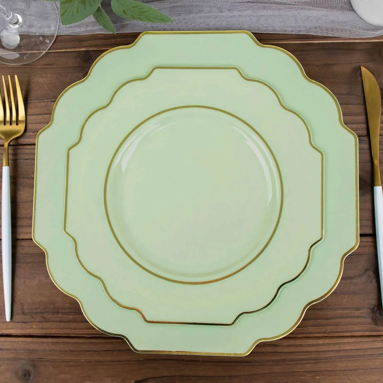10 Pack 8" Sage Green Hard Plastic Dessert Appetizer Plates, Disposable Tableware, Baroque Heavy Duty Salad Plates with Gold Rim