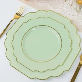 10 Pack 8" Sage Green Hard Plastic Dessert Appetizer Plates, Disposable Tableware, Baroque Heavy Duty Salad Plates with Gold Rim
