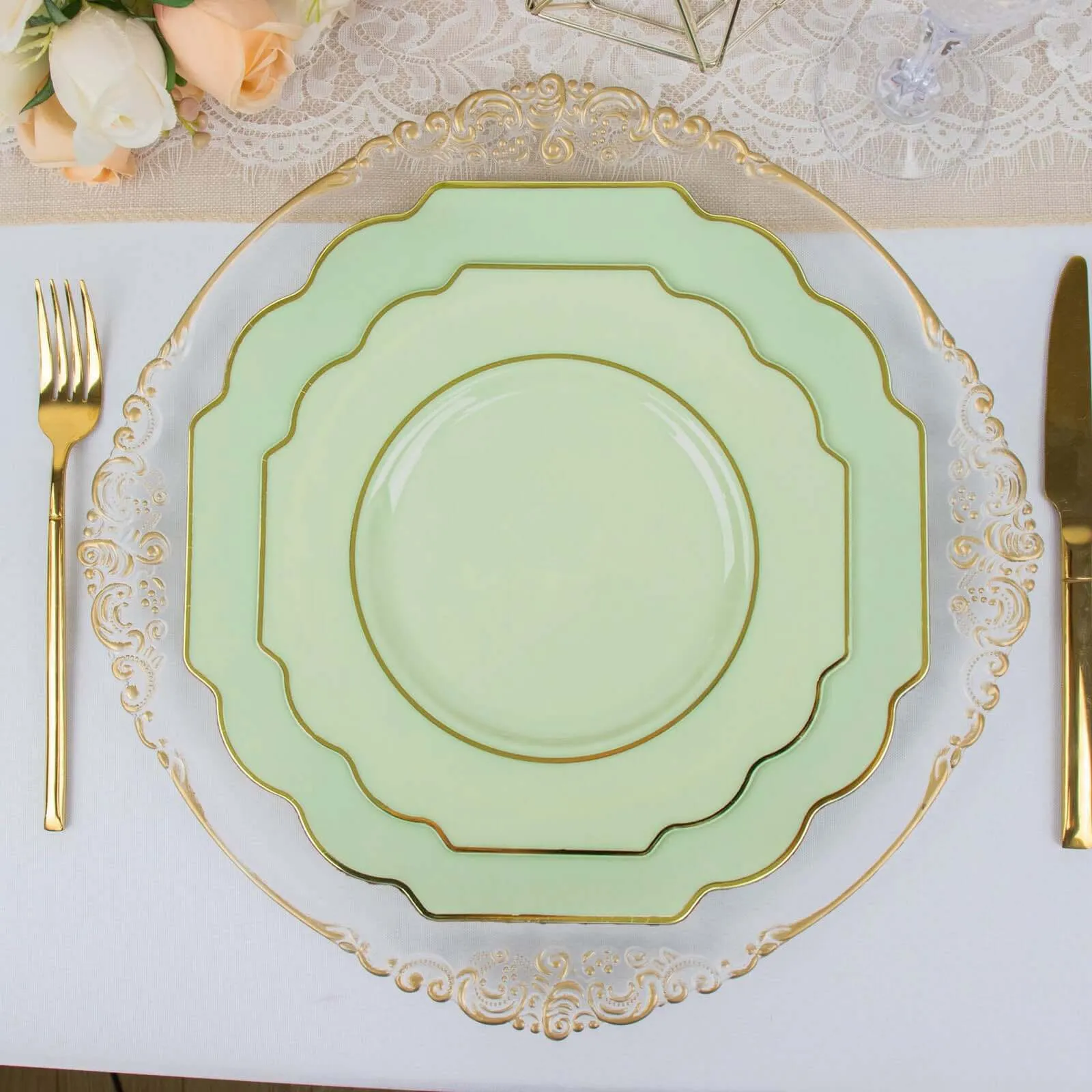 10 Pack 8" Sage Green Hard Plastic Dessert Appetizer Plates, Disposable Tableware, Baroque Heavy Duty Salad Plates with Gold Rim