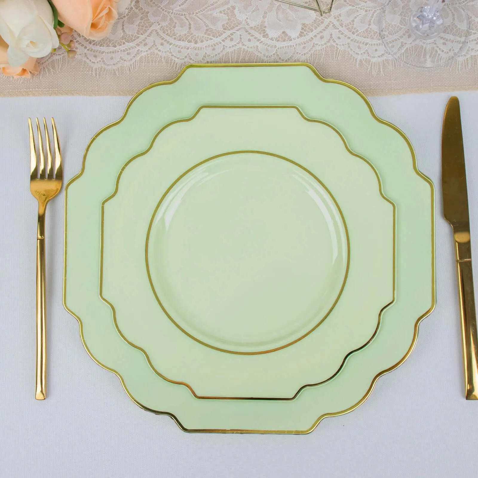 10 Pack 8" Sage Green Hard Plastic Dessert Appetizer Plates, Disposable Tableware, Baroque Heavy Duty Salad Plates with Gold Rim