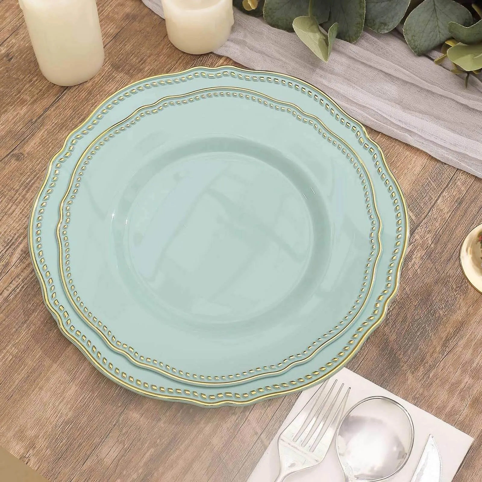10 Pack 9" Jade Gold Scalloped Rim Disposable Dinner Plates, Plastic Party Plates
