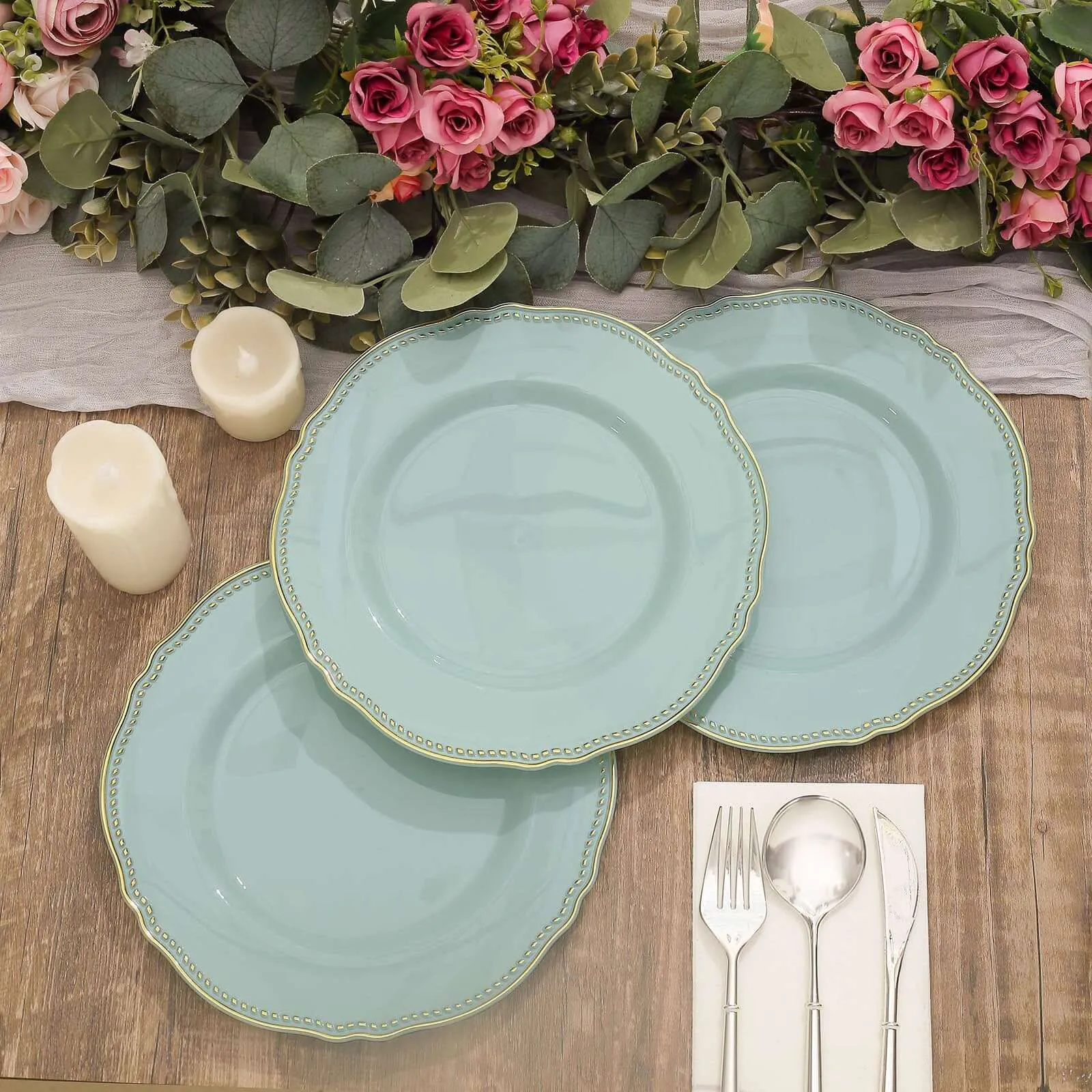 10 Pack 9" Jade Gold Scalloped Rim Disposable Dinner Plates, Plastic Party Plates