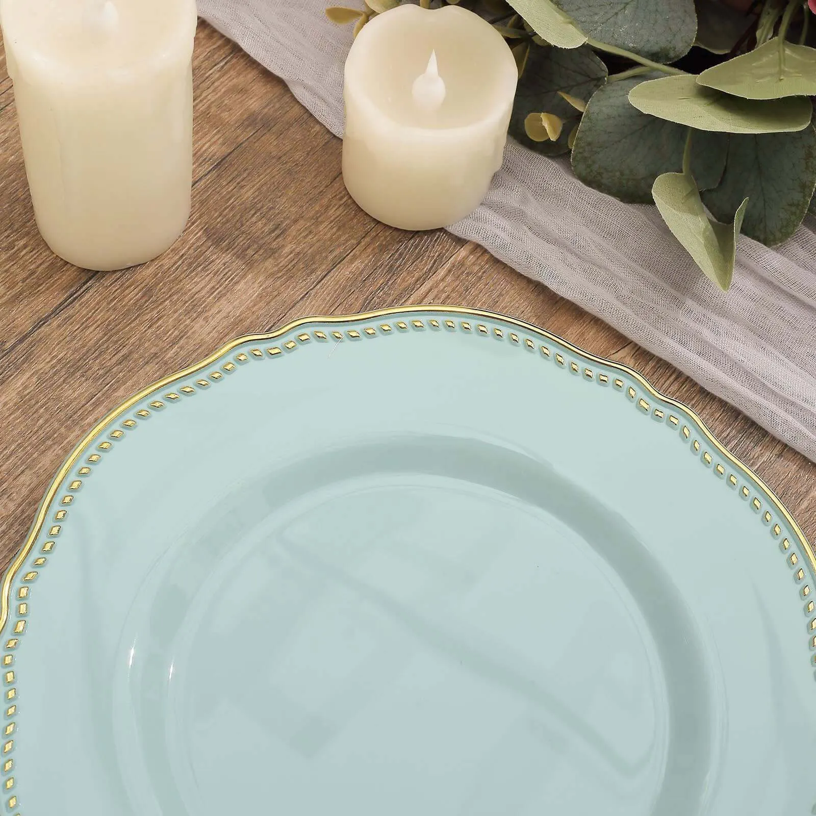 10 Pack 9" Jade Gold Scalloped Rim Disposable Dinner Plates, Plastic Party Plates