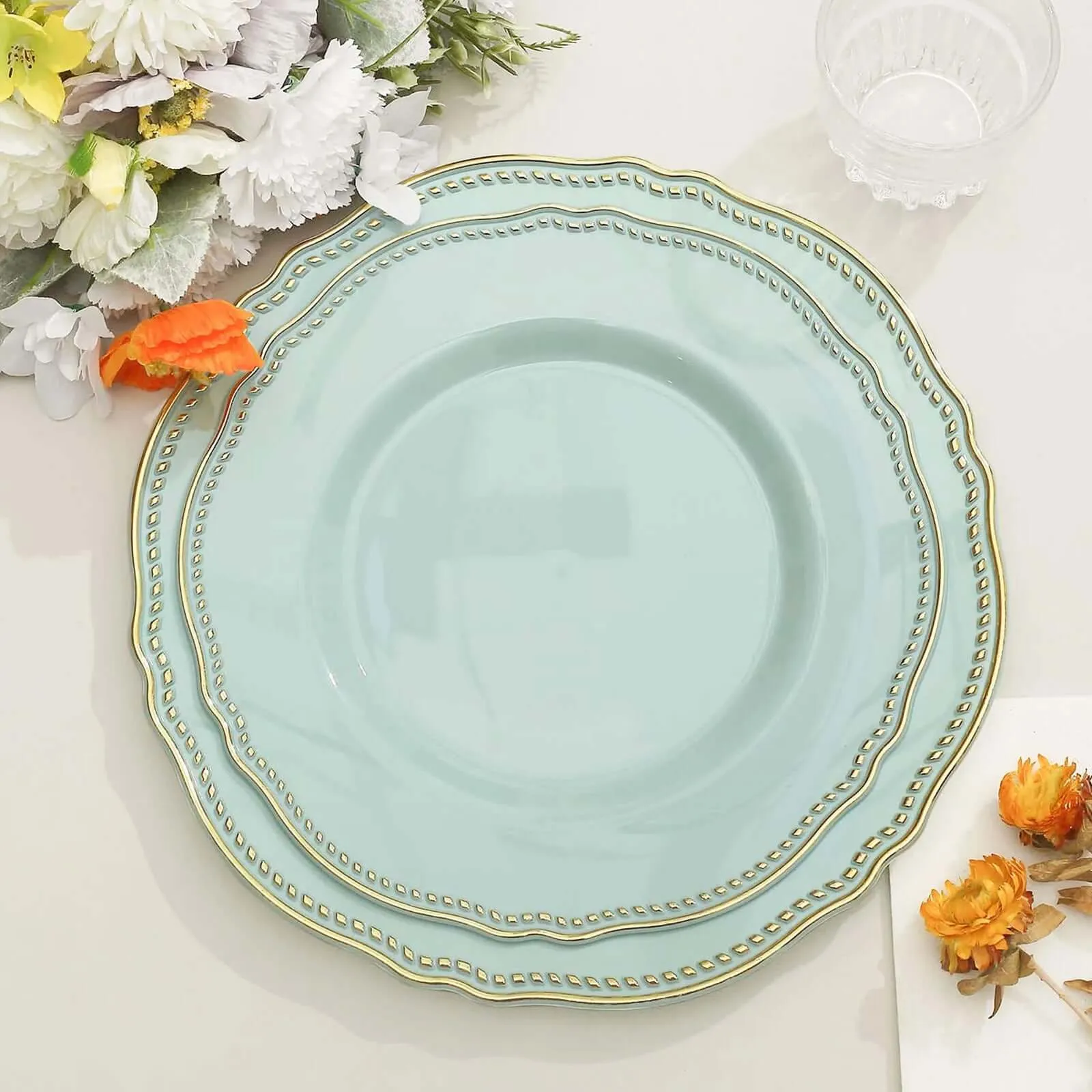 10 Pack 9" Jade Gold Scalloped Rim Disposable Dinner Plates, Plastic Party Plates