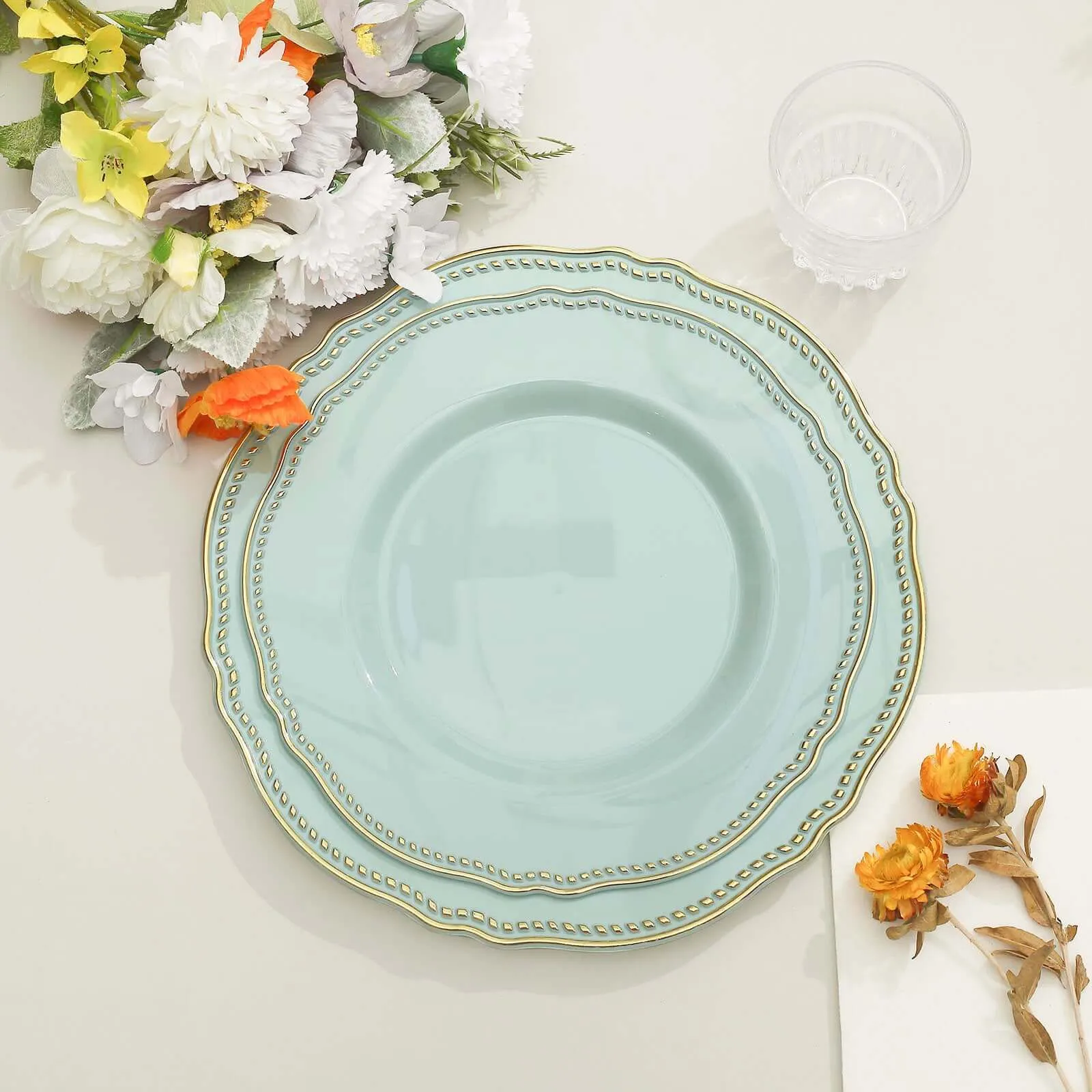 10 Pack 9" Jade Gold Scalloped Rim Disposable Dinner Plates, Plastic Party Plates