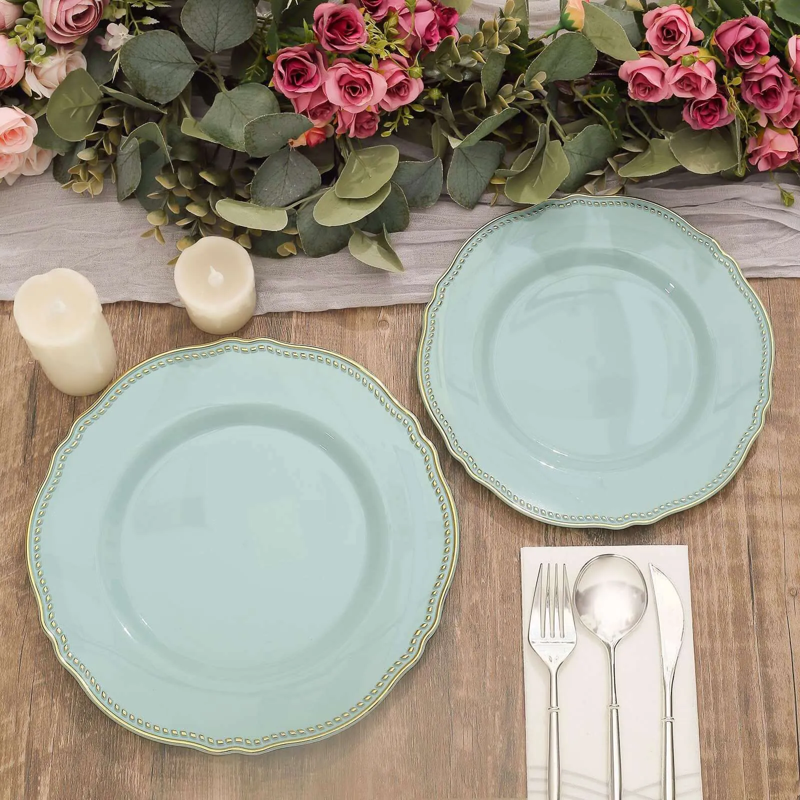 10 Pack 9" Jade Gold Scalloped Rim Disposable Dinner Plates, Plastic Party Plates