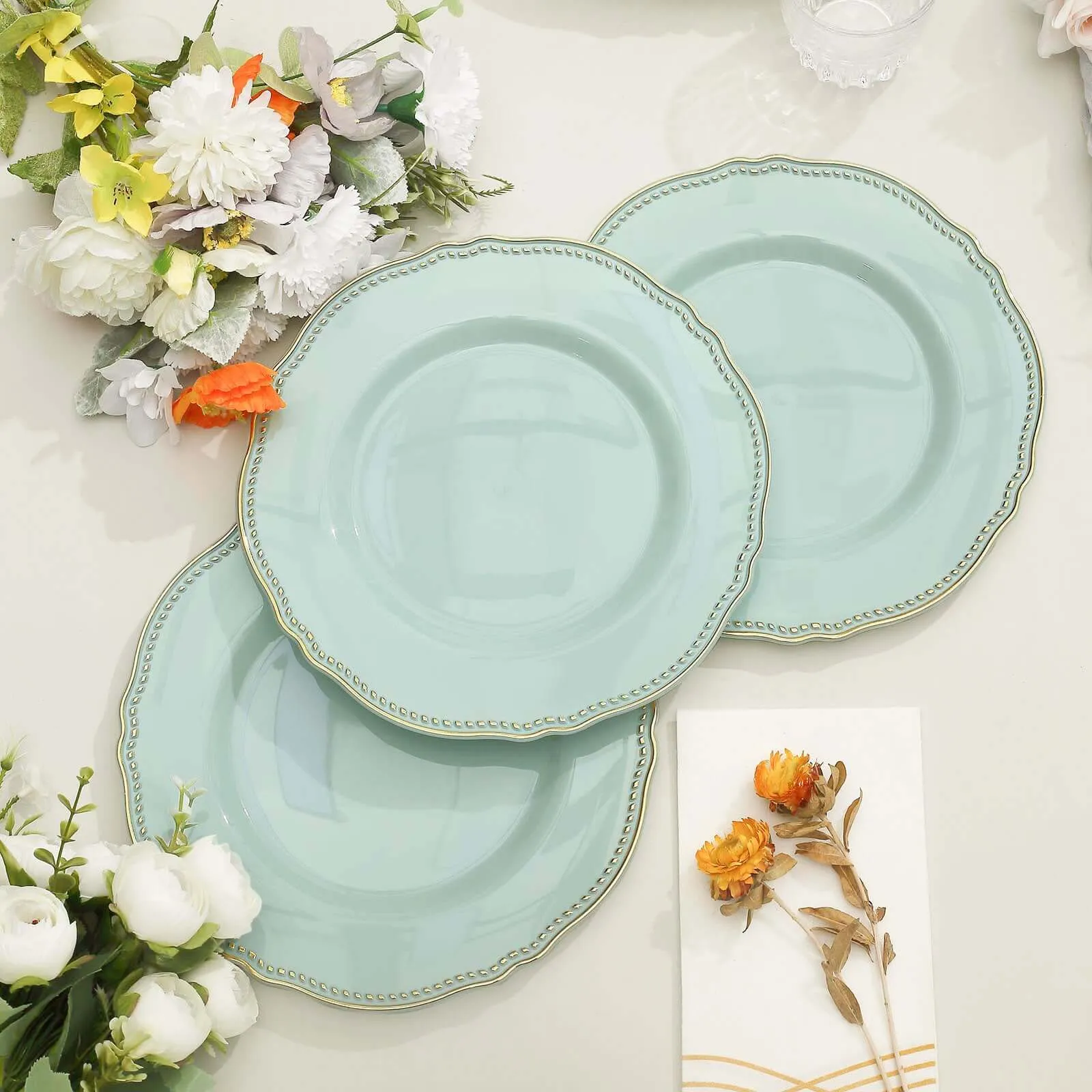 10 Pack 9" Jade Gold Scalloped Rim Disposable Dinner Plates, Plastic Party Plates