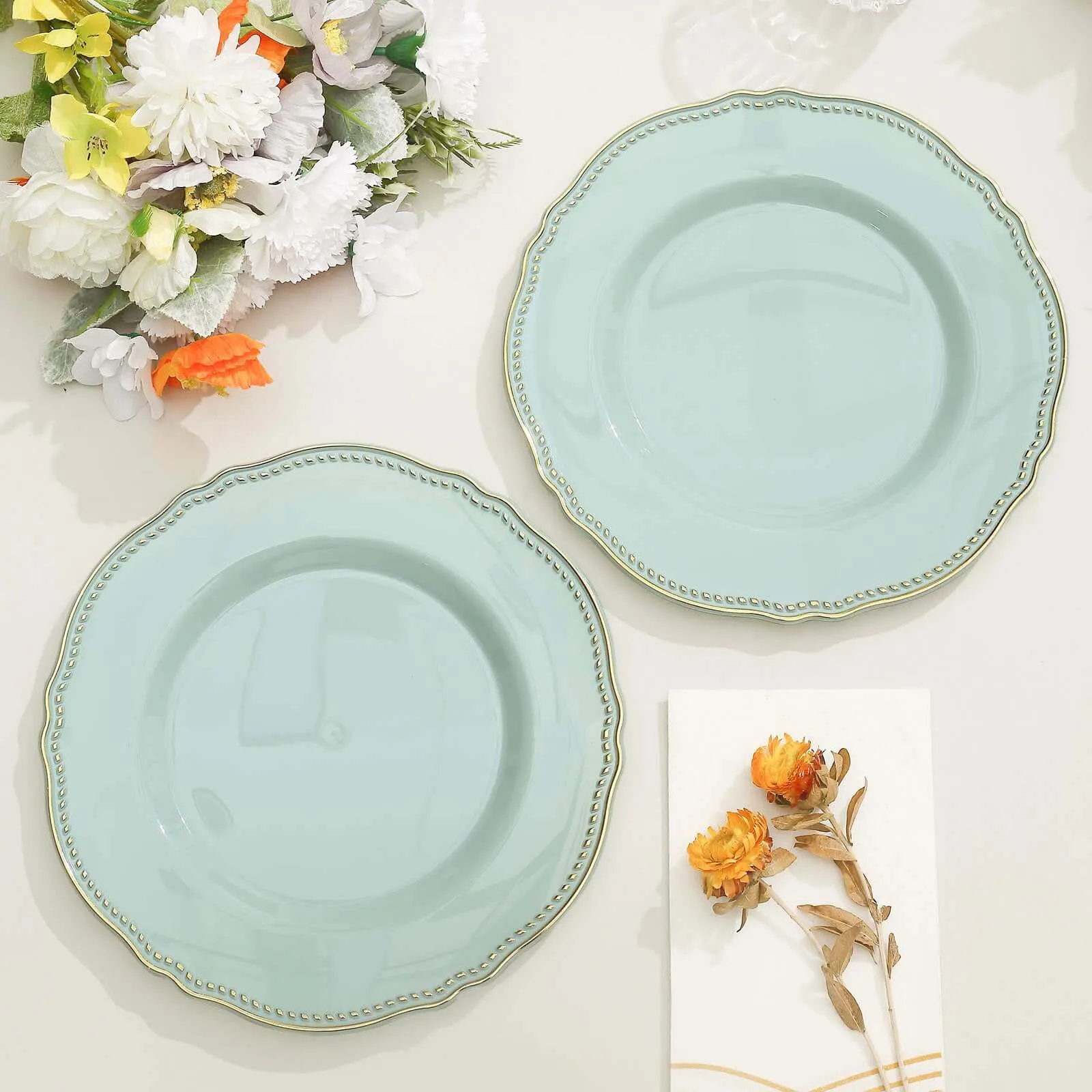 10 Pack 9" Jade Gold Scalloped Rim Disposable Dinner Plates, Plastic Party Plates