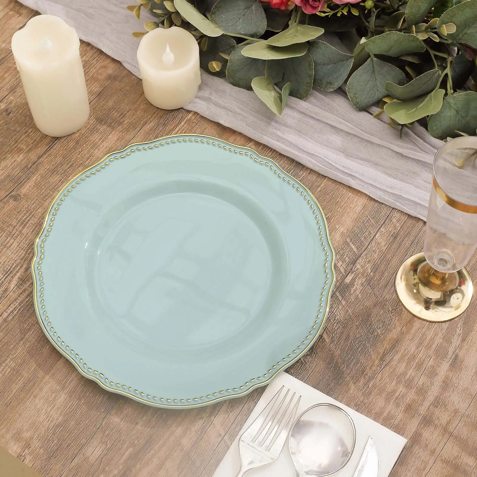 10 Pack 9" Jade Gold Scalloped Rim Disposable Dinner Plates, Plastic Party Plates