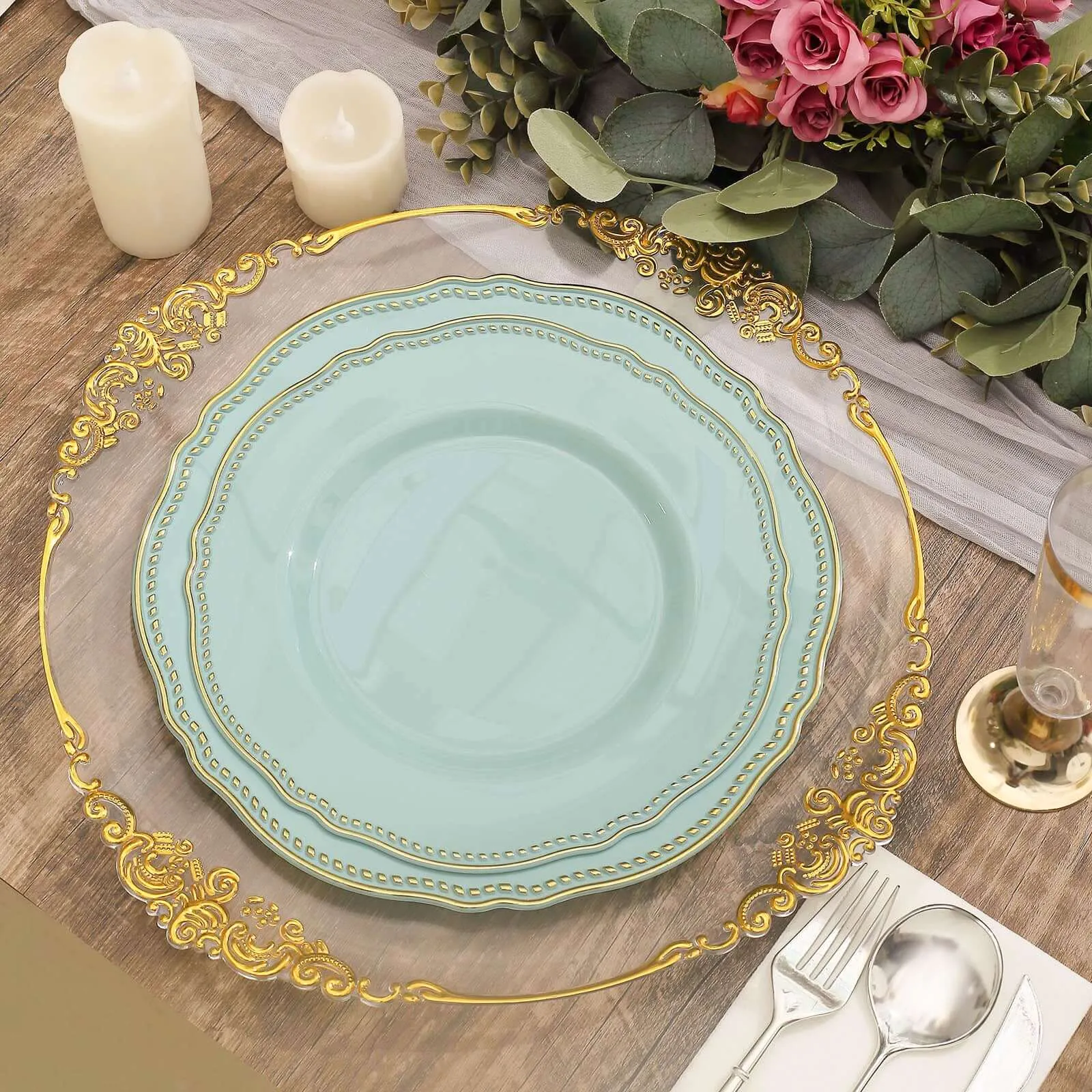 10 Pack 9" Jade Gold Scalloped Rim Disposable Dinner Plates, Plastic Party Plates