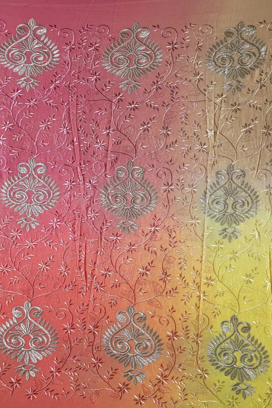 1.75 Meter Cut Piece Of Multi Thread With Silver Zari Floral Embroidery On Multi Color Viscose Georgette Fabric
