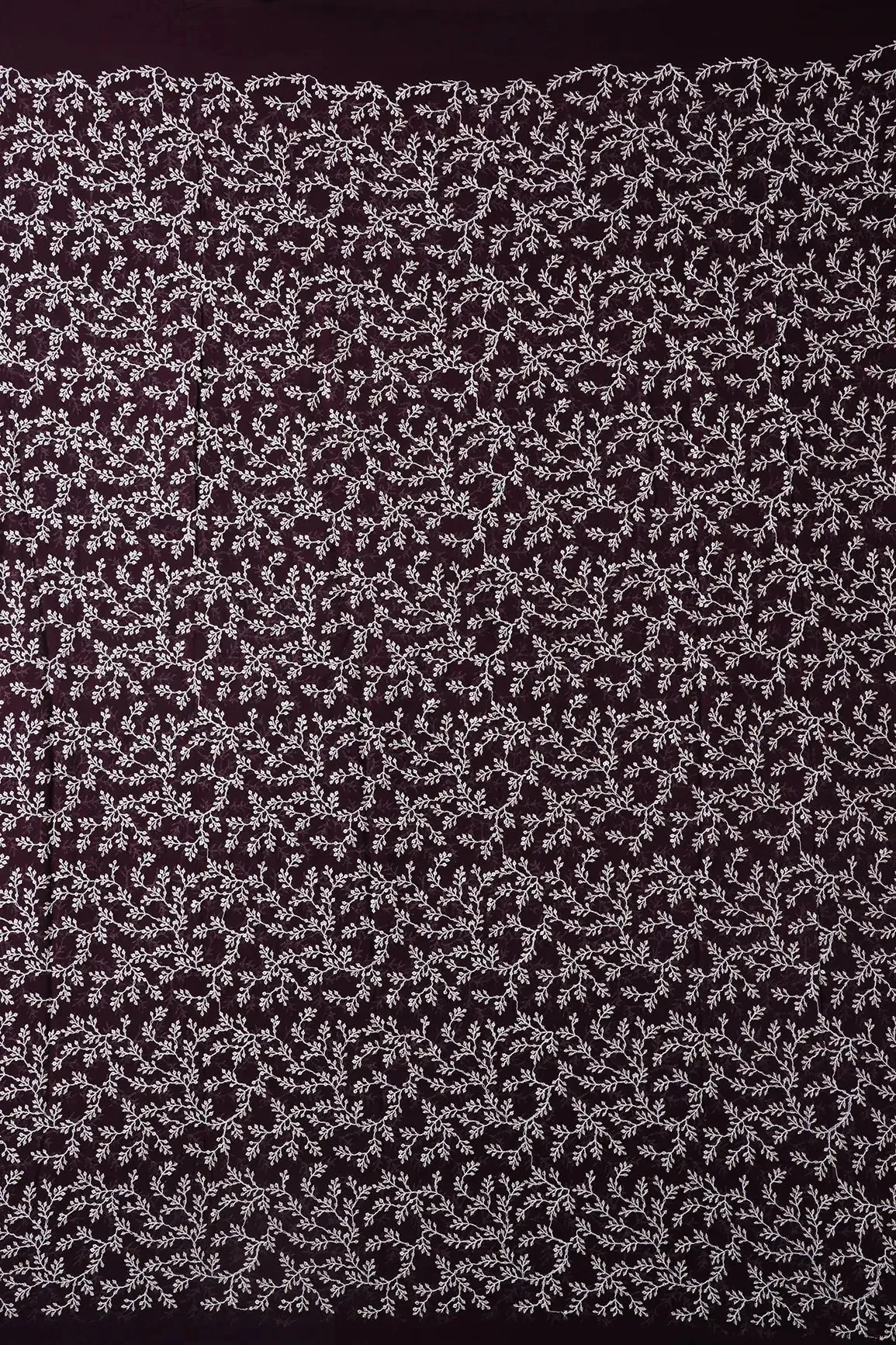 1.75 Meter Cut Piece Of White Thread With Gold Sequins Leafy Embroidery On Wine Georgette Fabric