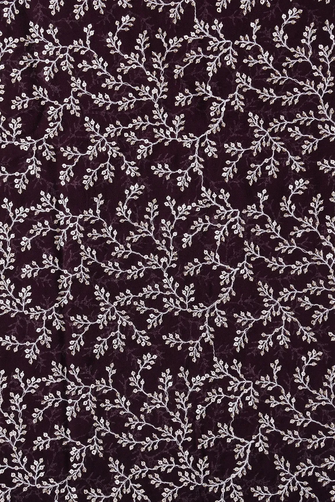 1.75 Meter Cut Piece Of White Thread With Gold Sequins Leafy Embroidery On Wine Georgette Fabric