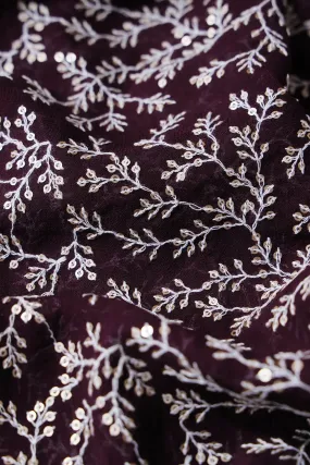 1.75 Meter Cut Piece Of White Thread With Gold Sequins Leafy Embroidery On Wine Georgette Fabric