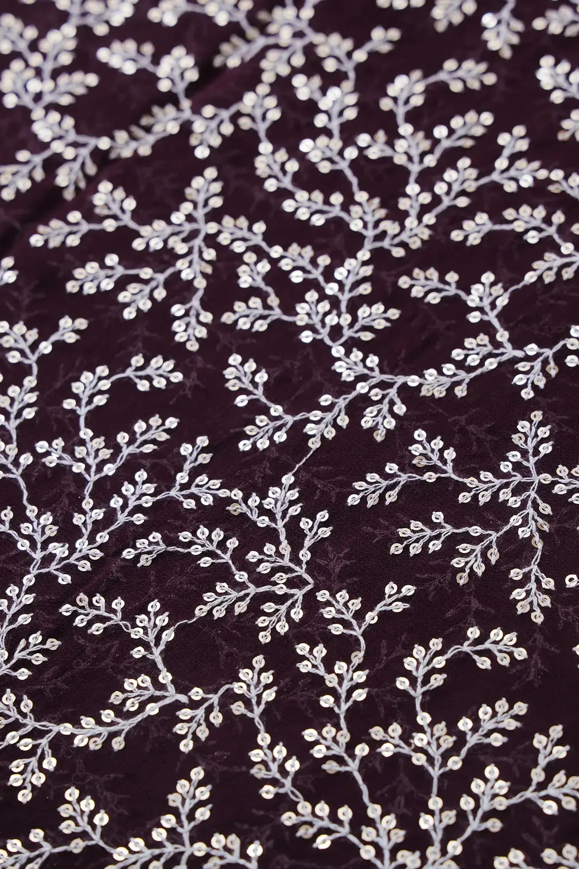 1.75 Meter Cut Piece Of White Thread With Gold Sequins Leafy Embroidery On Wine Georgette Fabric