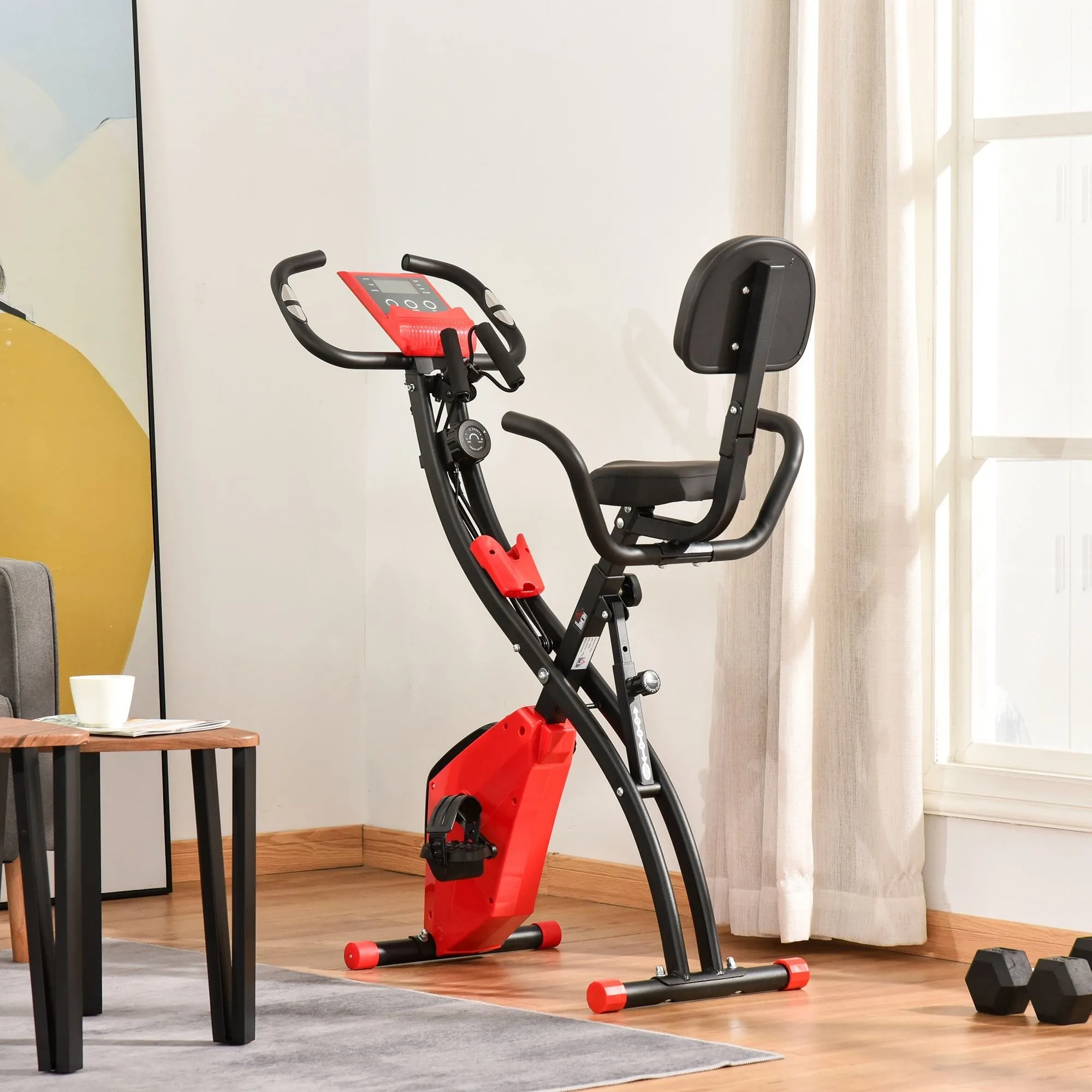 2-In-1 Upright Exercise Recumbent Bike Adjustable Resistance Stationary Fitness Home Gym Foldable w/ Armrests LCD Monitor Cycling Wheels Red Cycle