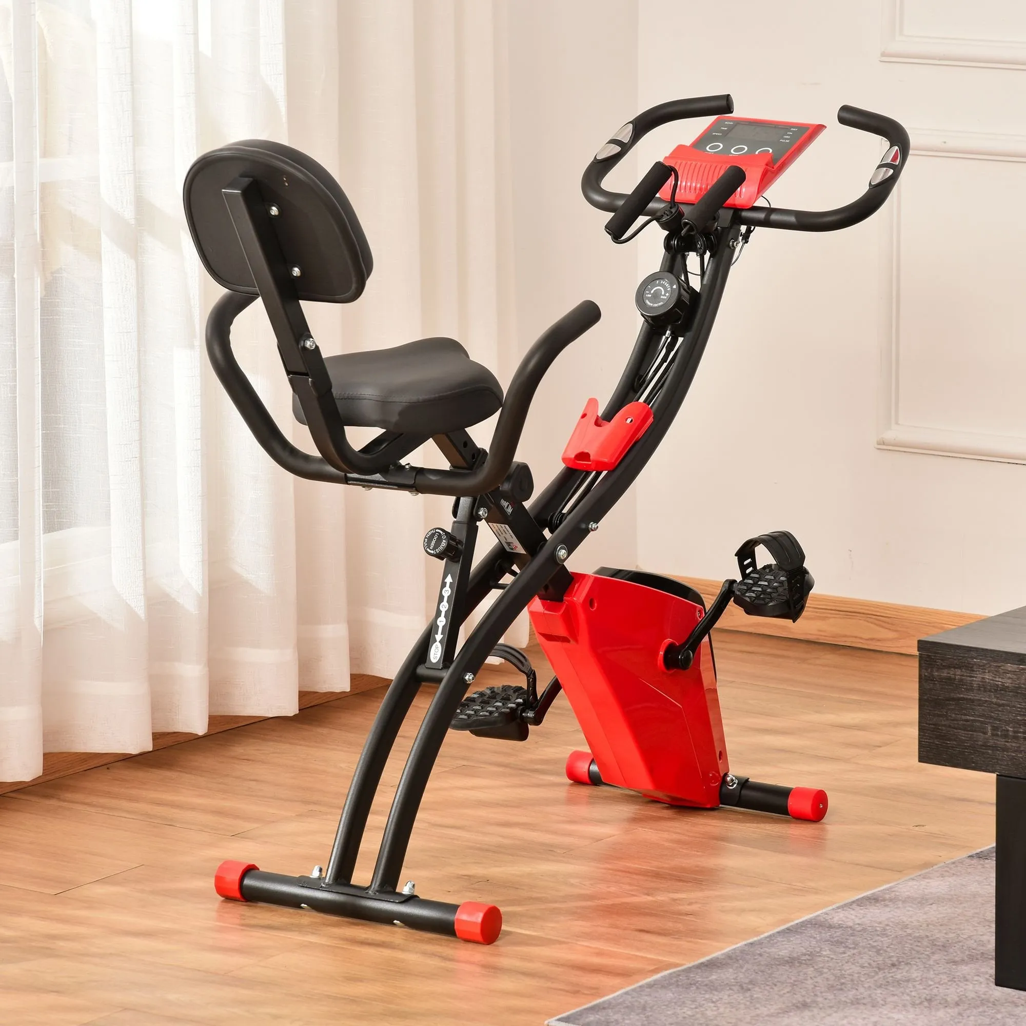 2-In-1 Upright Exercise Recumbent Bike Adjustable Resistance Stationary Fitness Home Gym Foldable w/ Armrests LCD Monitor Cycling Wheels Red Cycle