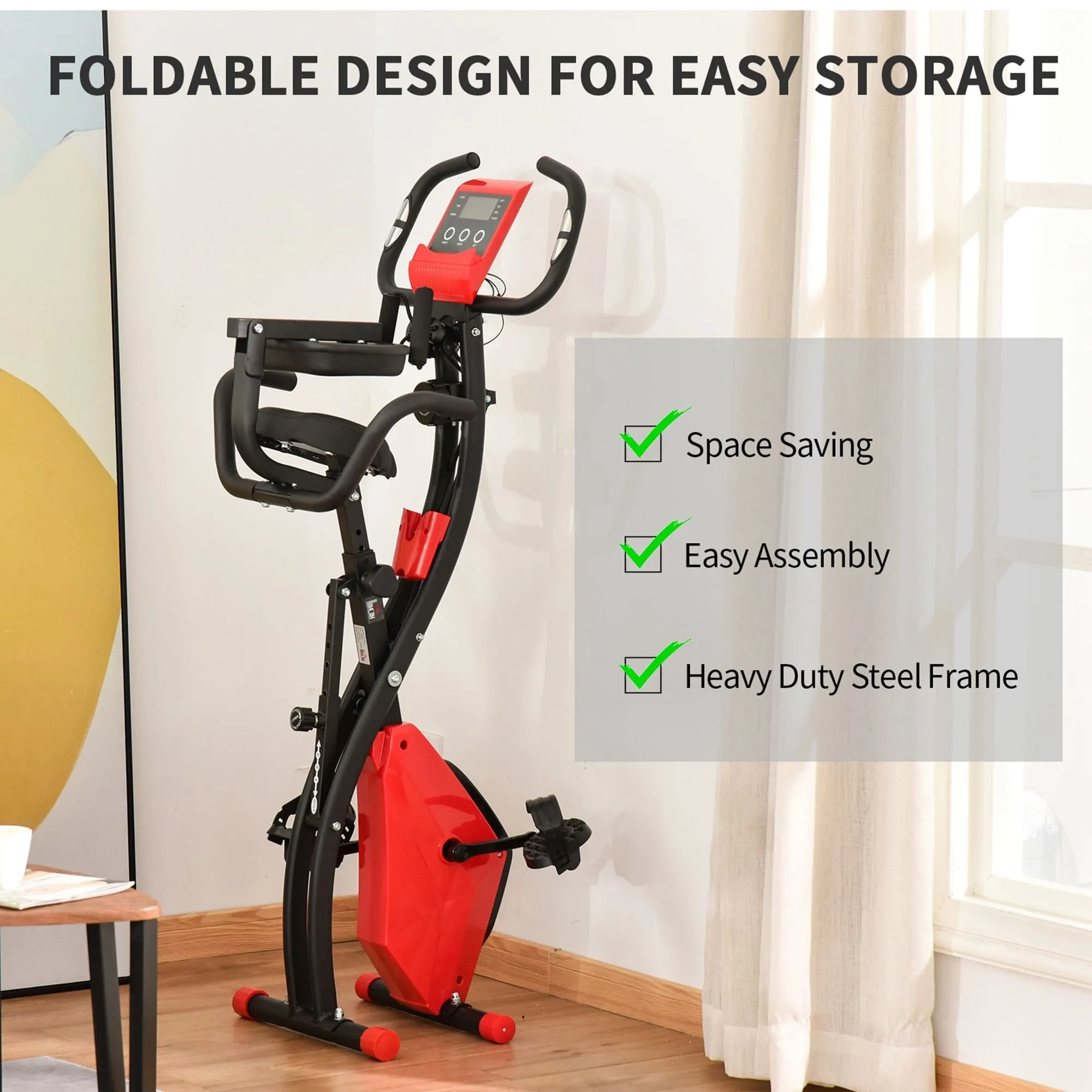 2-In-1 Upright Exercise Recumbent Bike Adjustable Resistance Stationary Fitness Home Gym Foldable w/ Armrests LCD Monitor Cycling Wheels Red Cycle