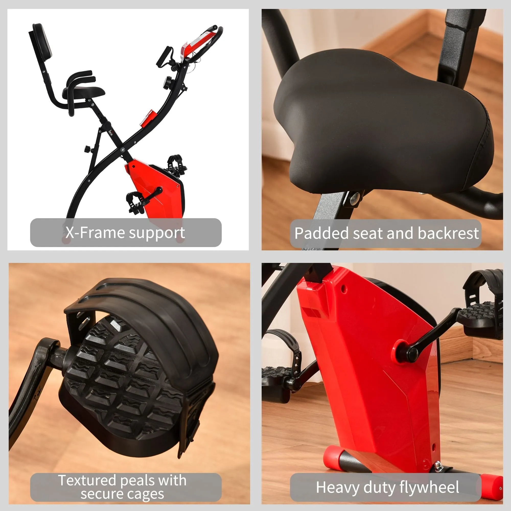 2-In-1 Upright Exercise Recumbent Bike Adjustable Resistance Stationary Fitness Home Gym Foldable w/ Armrests LCD Monitor Cycling Wheels Red Cycle