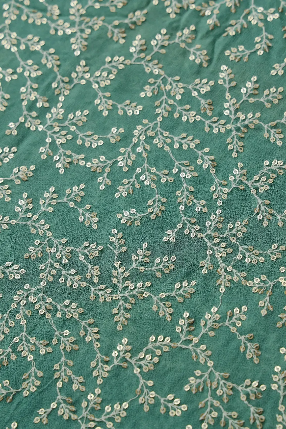 3.25 Meter Cut Piece Of White Thread With Gold Sequins Leafy Embroidery On Teal Georgette Fabric