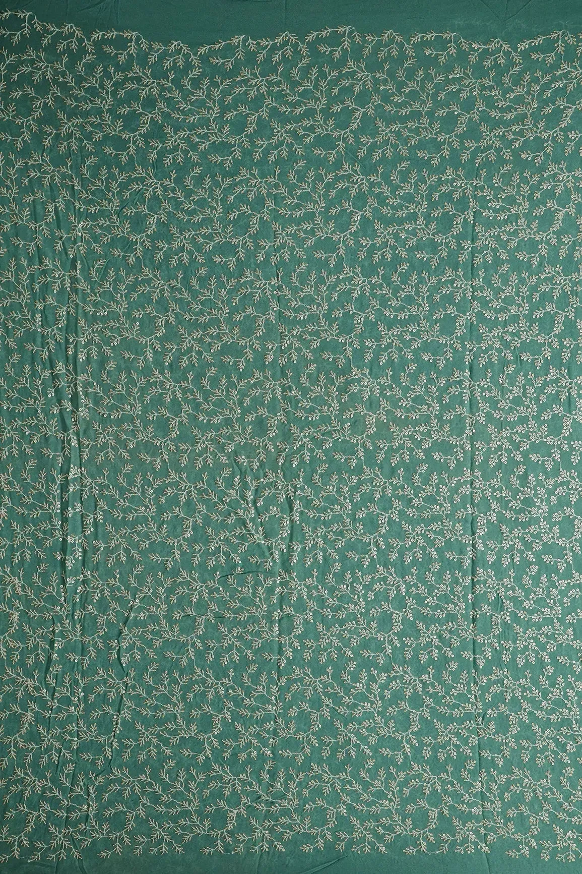 3.25 Meter Cut Piece Of White Thread With Gold Sequins Leafy Embroidery On Teal Georgette Fabric